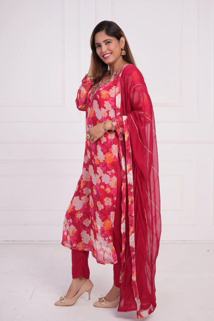 Ethnic motif zari sequinned embroidered silk kurta pant and dupatta