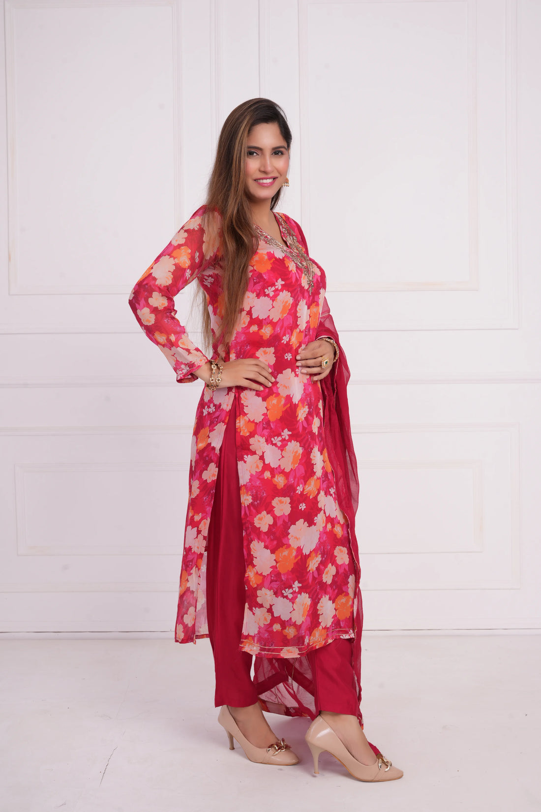 Ethnic motif zari sequinned embroidered silk kurta pant and dupatta