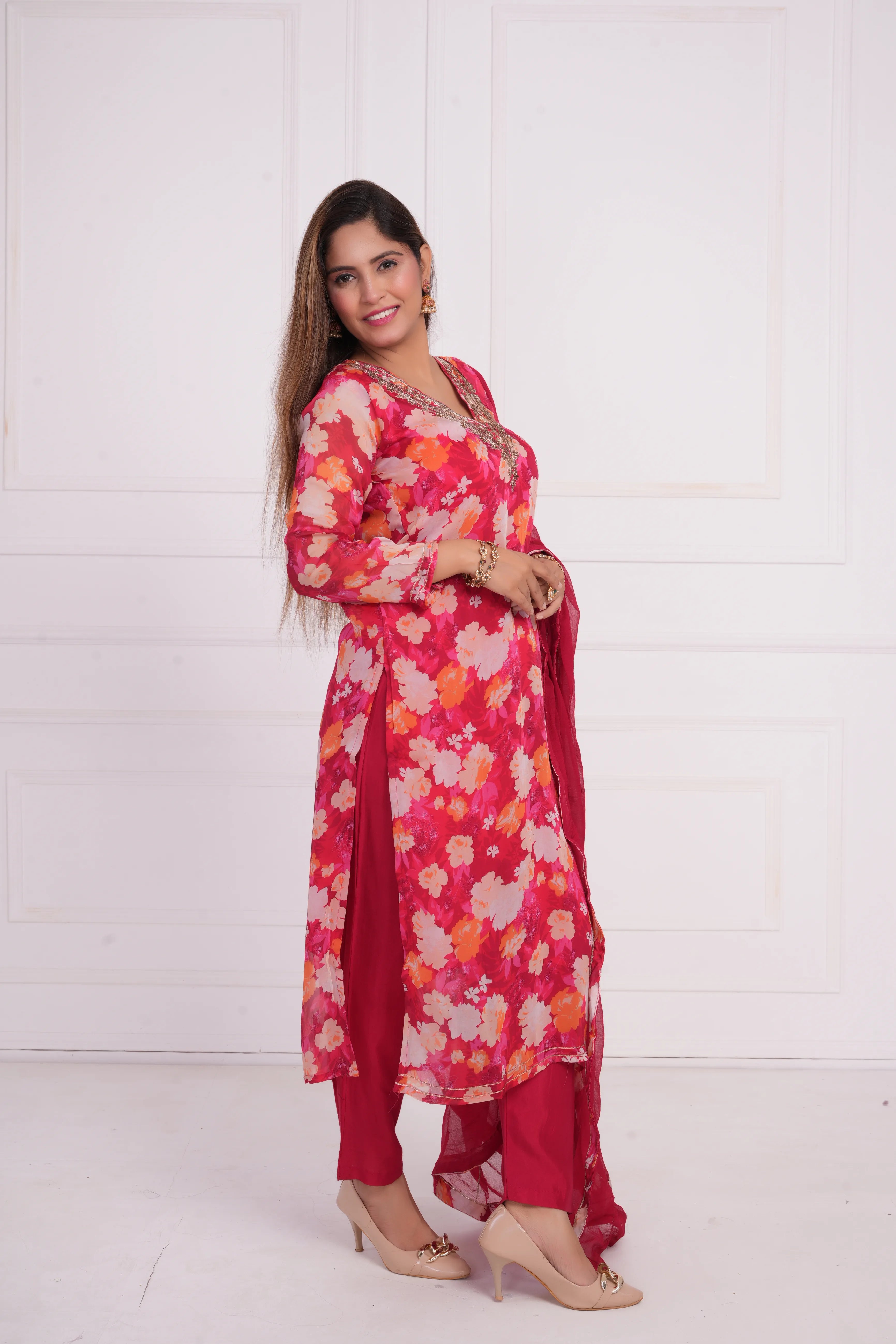 Ethnic motif zari sequinned embroidered silk kurta pant and dupatta