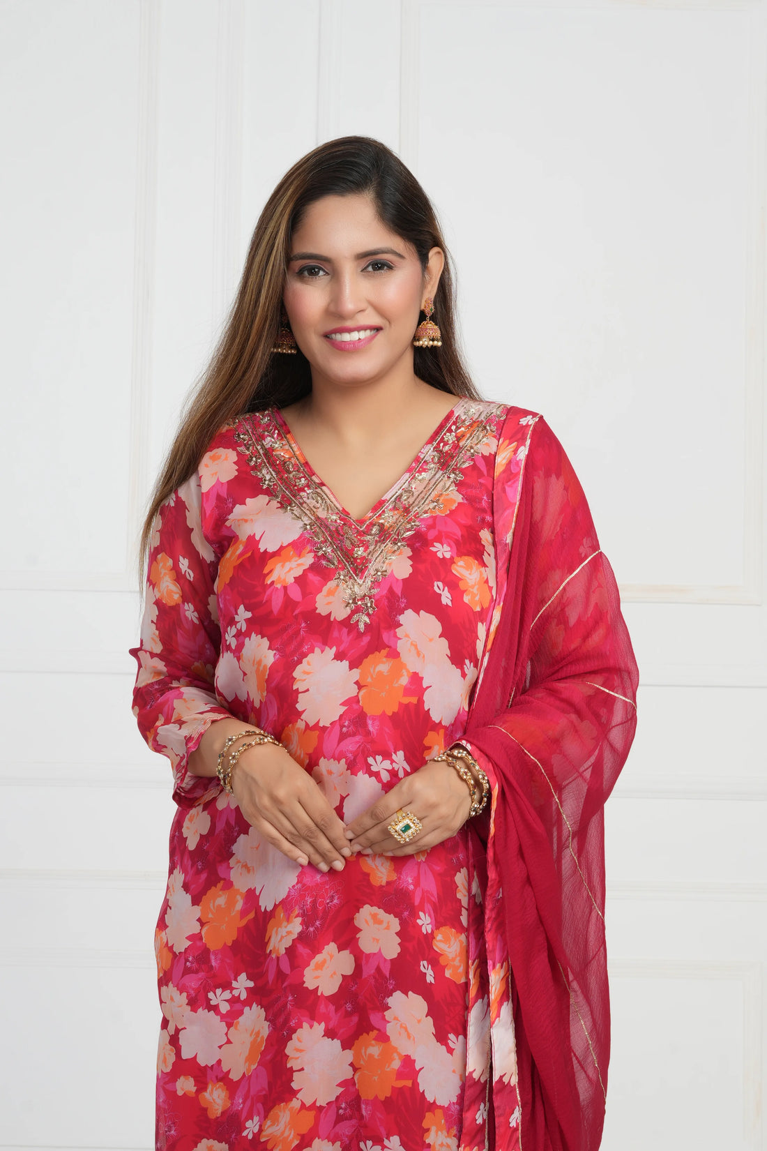 Ethnic motif zari sequinned embroidered silk kurta pant and dupatta