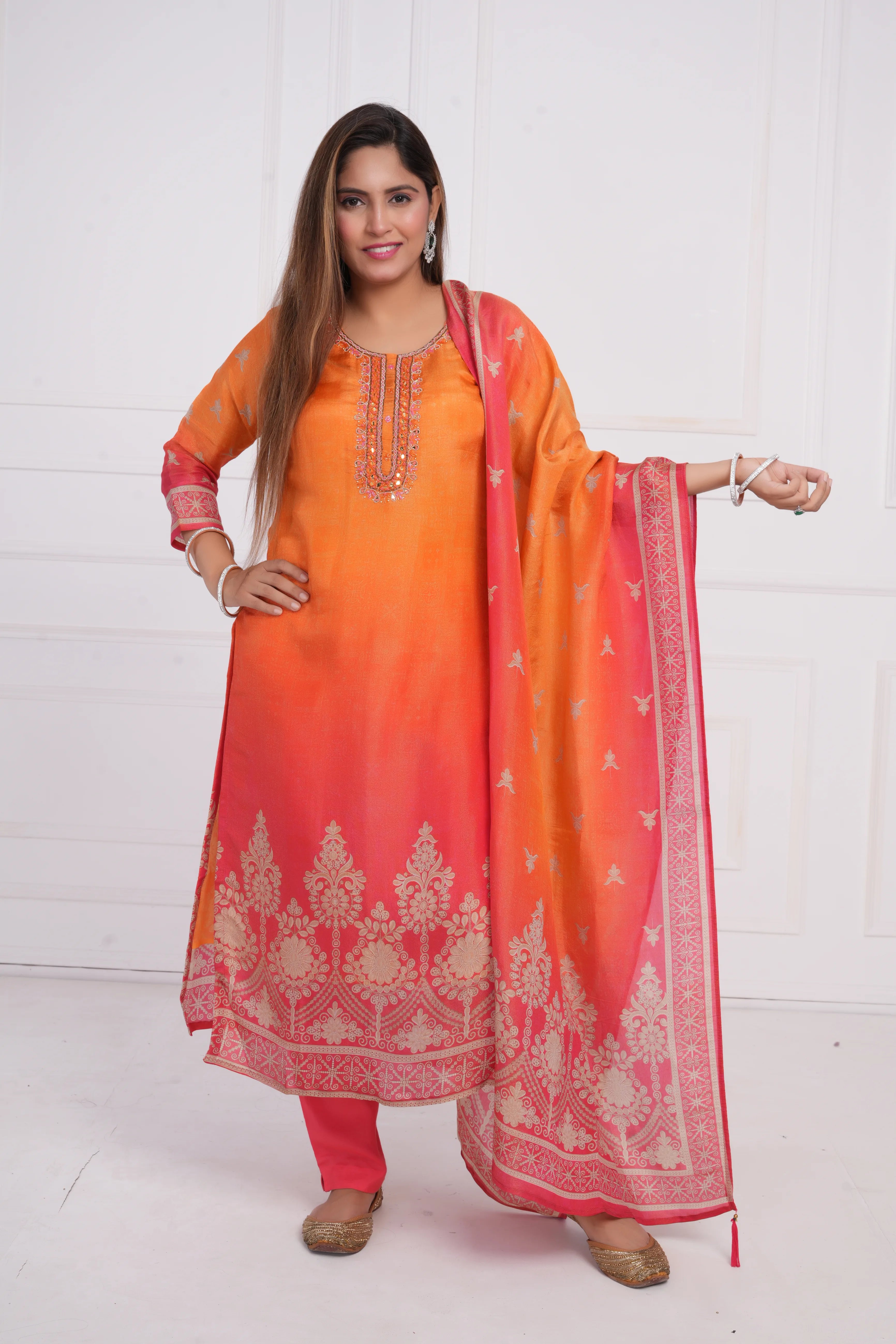 Ethnic motif zari sequinned embroidered silk kurta pant and dupatta