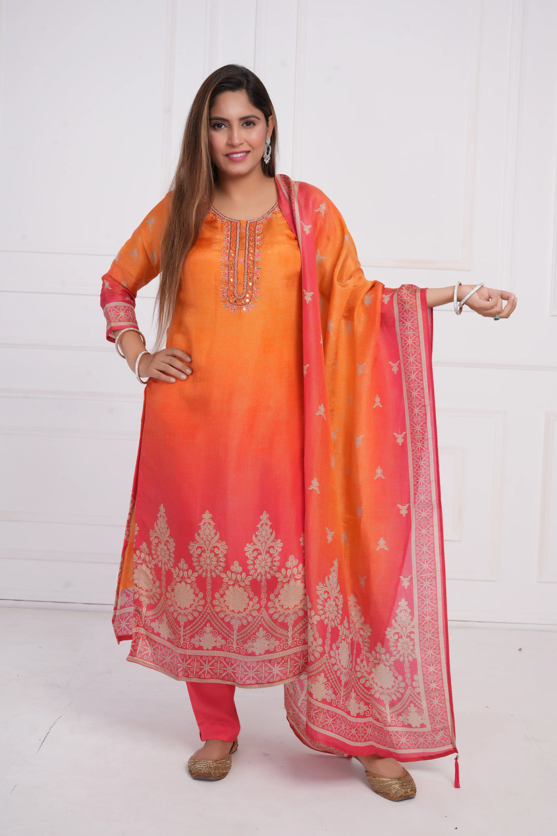 Ethnic motif zari sequinned embroidered silk kurta pant and dupatta