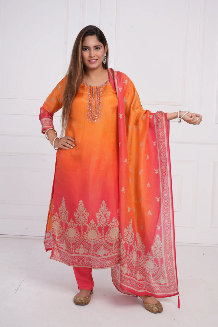 Ethnic motif zari sequinned embroidered silk kurta pant and dupatta