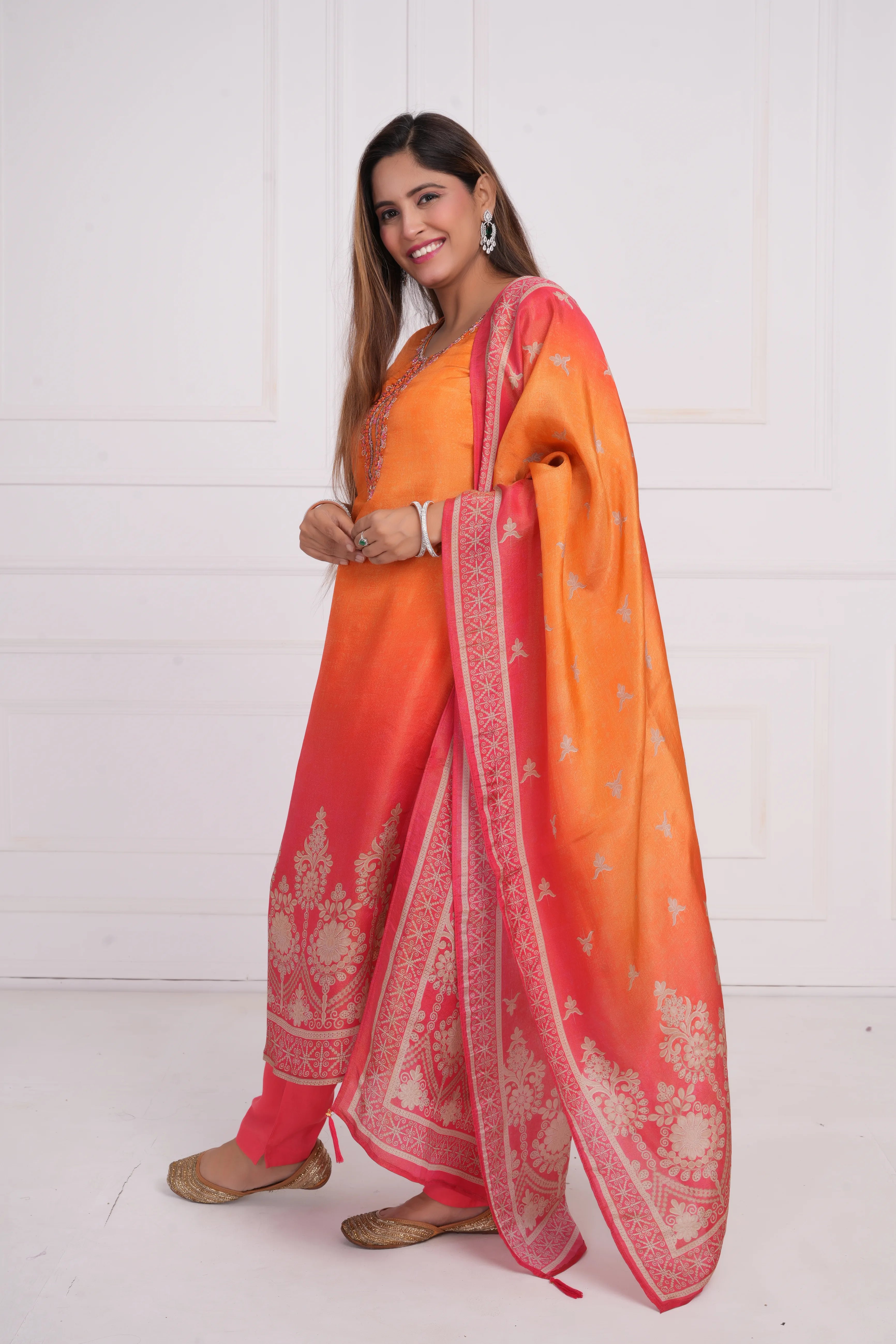 Ethnic motif zari sequinned embroidered silk kurta pant and dupatta