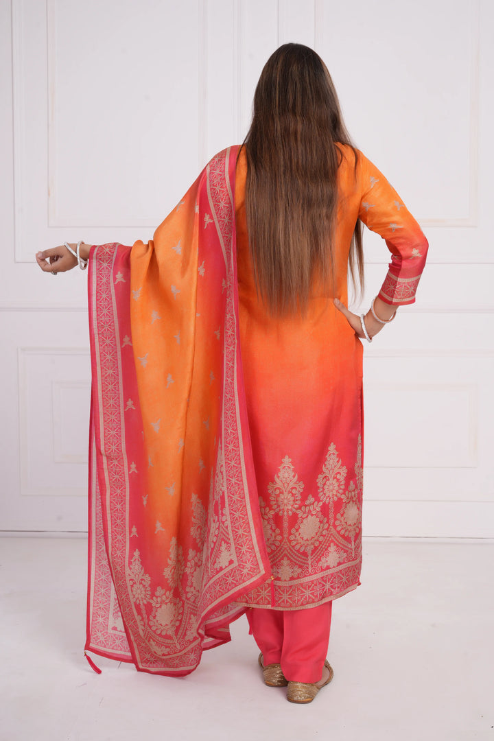 Ethnic motif zari sequinned embroidered silk kurta pant and dupatta