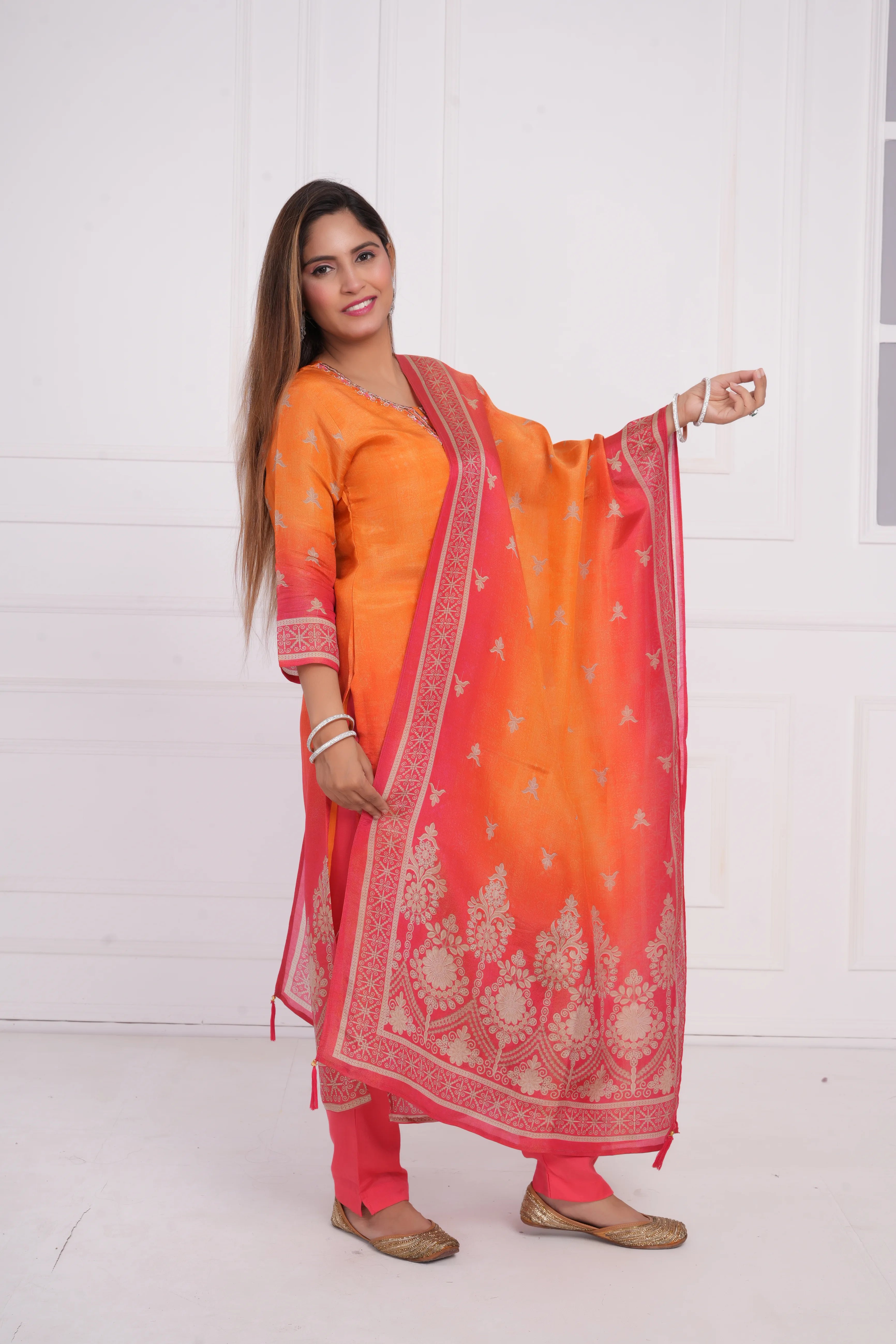 Ethnic motif zari sequinned embroidered silk kurta pant and dupatta