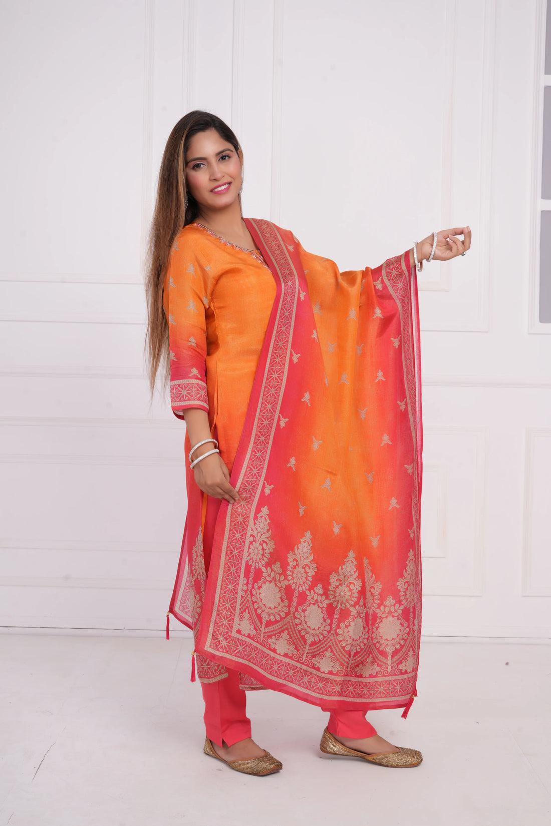 Ethnic motif zari sequinned embroidered silk kurta pant and dupatta