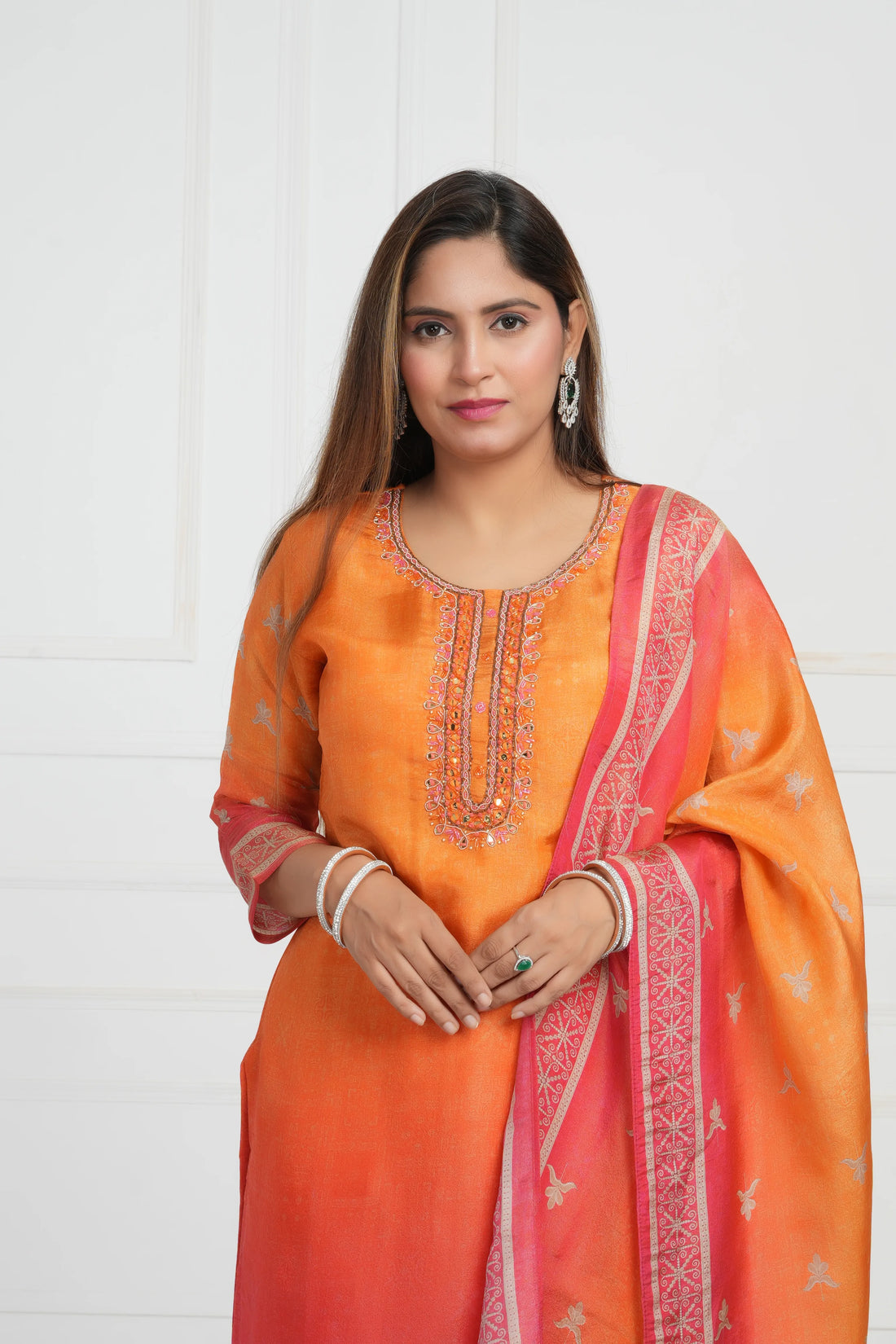 Ethnic motif zari sequinned embroidered silk kurta pant and dupatta