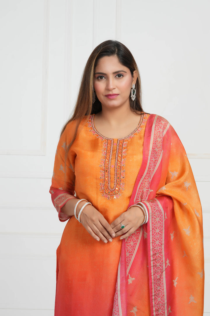 Ethnic motif zari sequinned embroidered silk kurta pant and dupatta