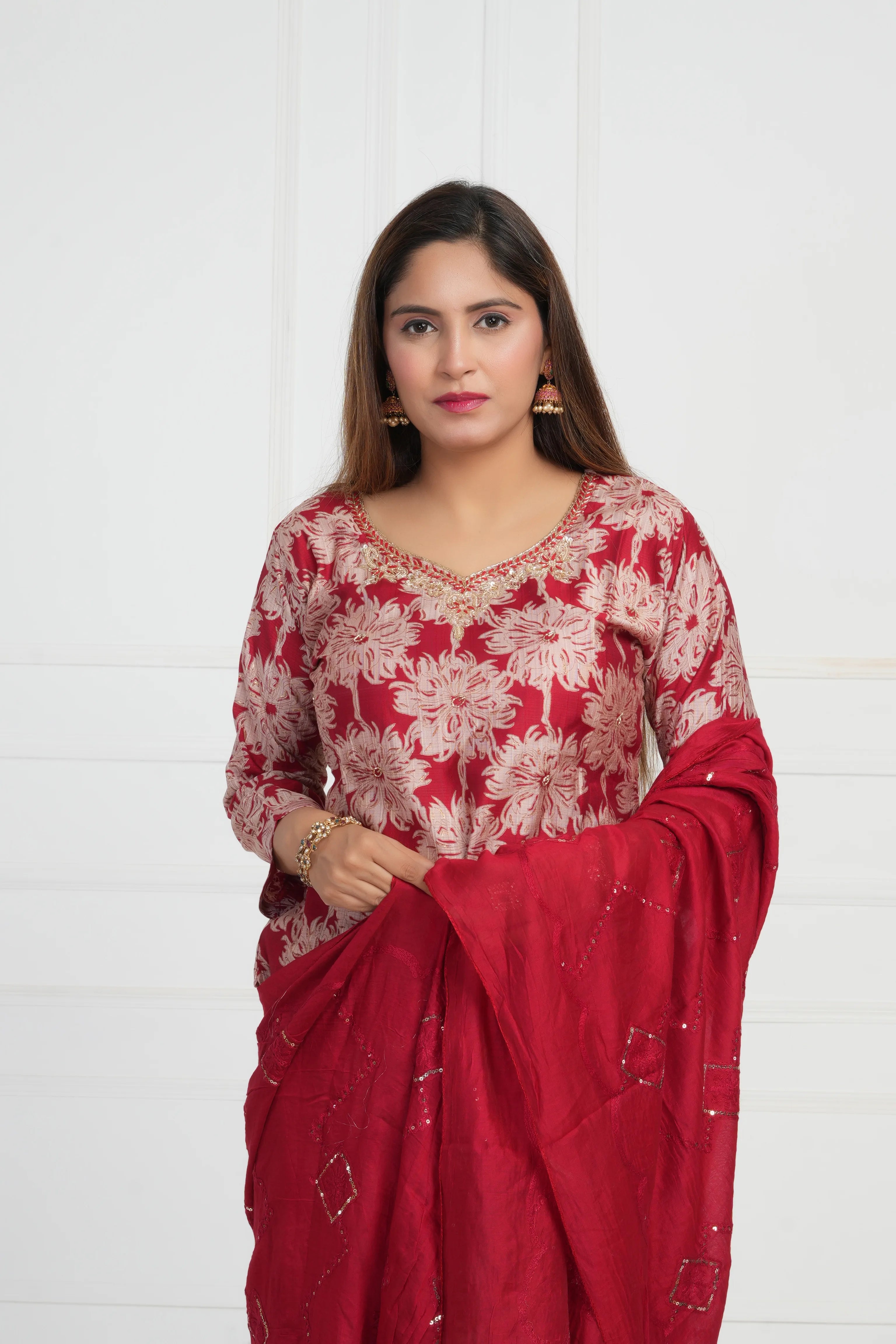 Ethnic motif zari sequinned embroidered silk kurta pant and dupatta