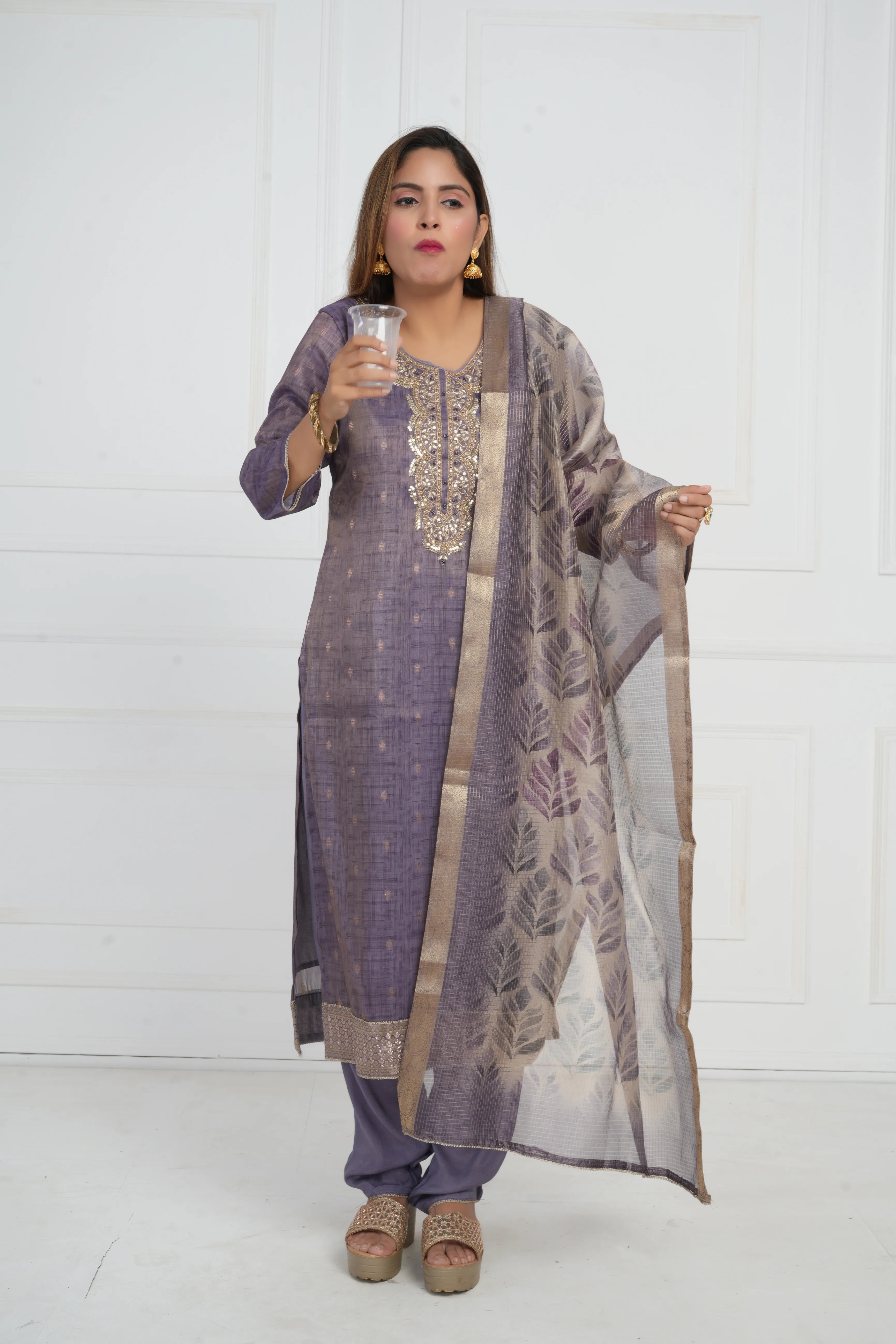 Ethnic motif zari sequinned embroidered silk kurta pant and dupatta
