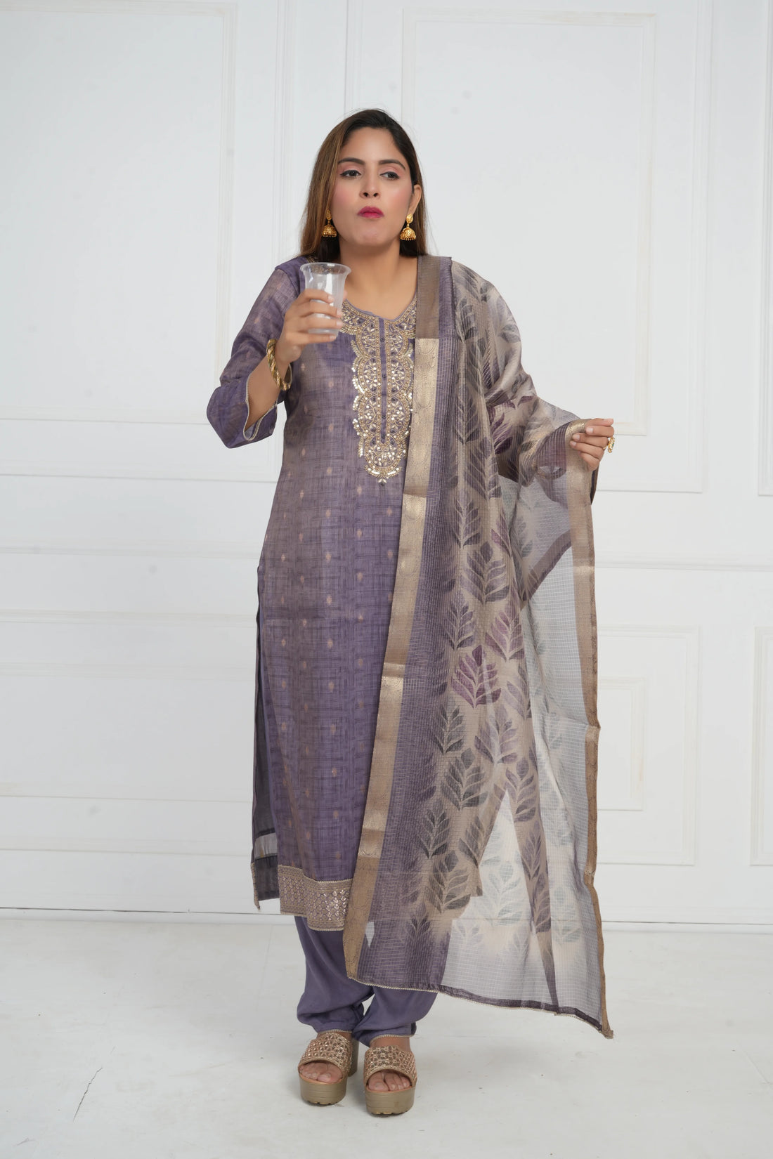 Ethnic motif zari sequinned embroidered silk kurta pant and dupatta