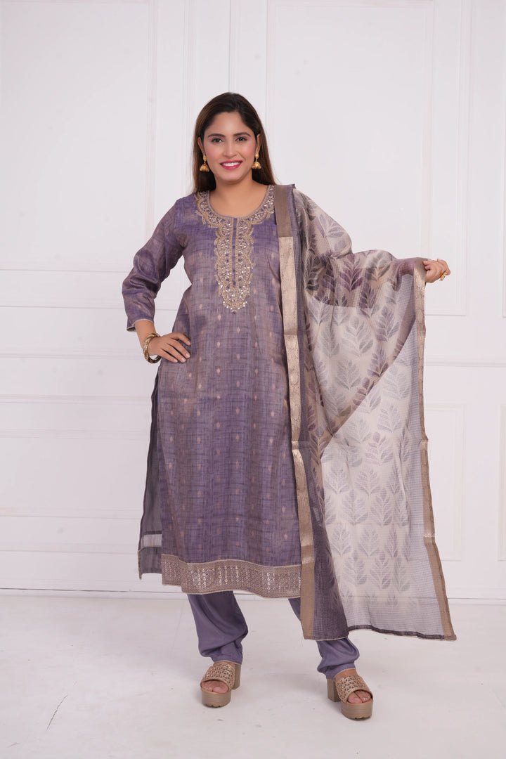 Ethnic motif zari sequinned embroidered silk kurta pant and dupatta
