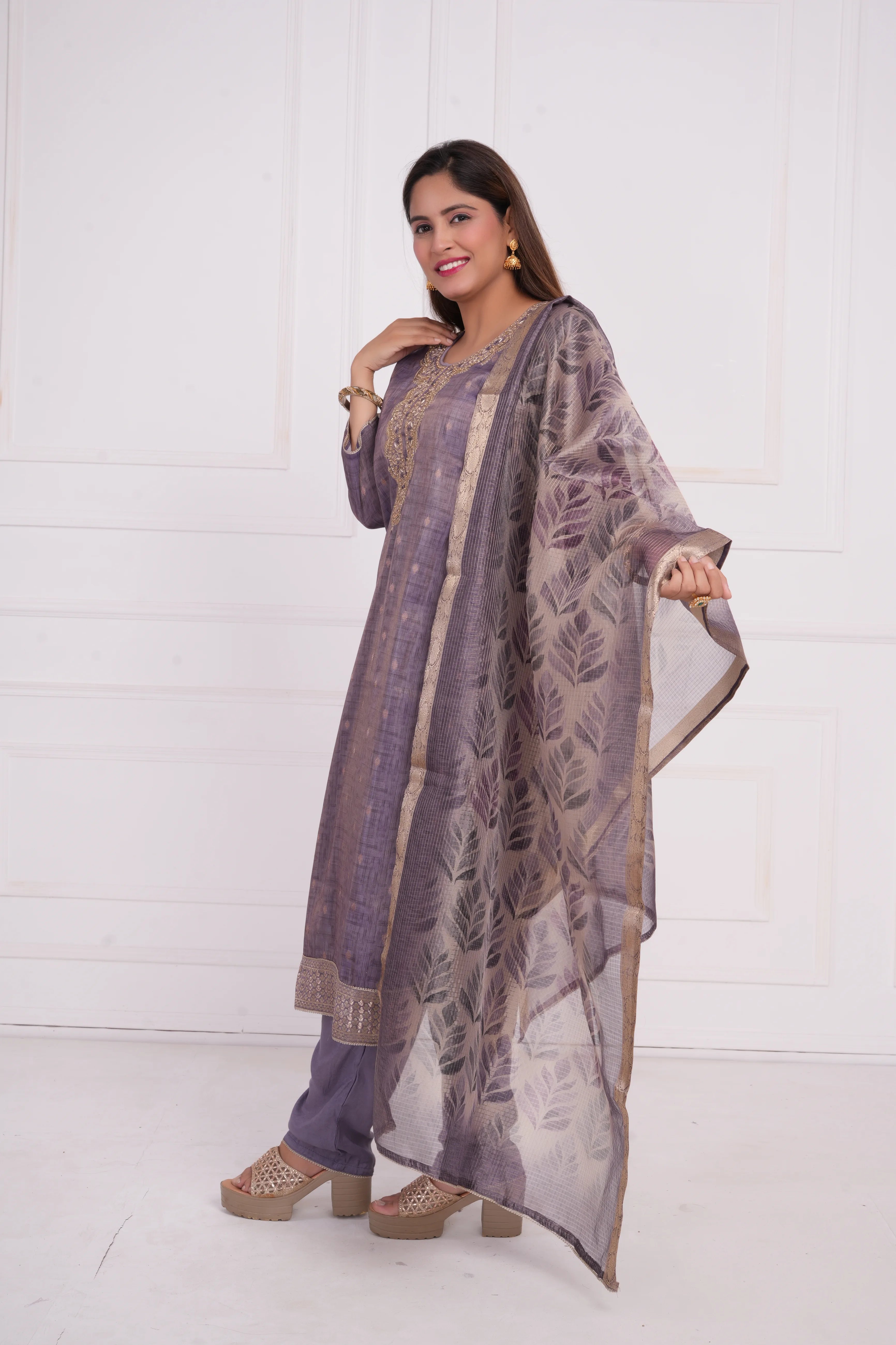 Ethnic motif zari sequinned embroidered silk kurta pant and dupatta