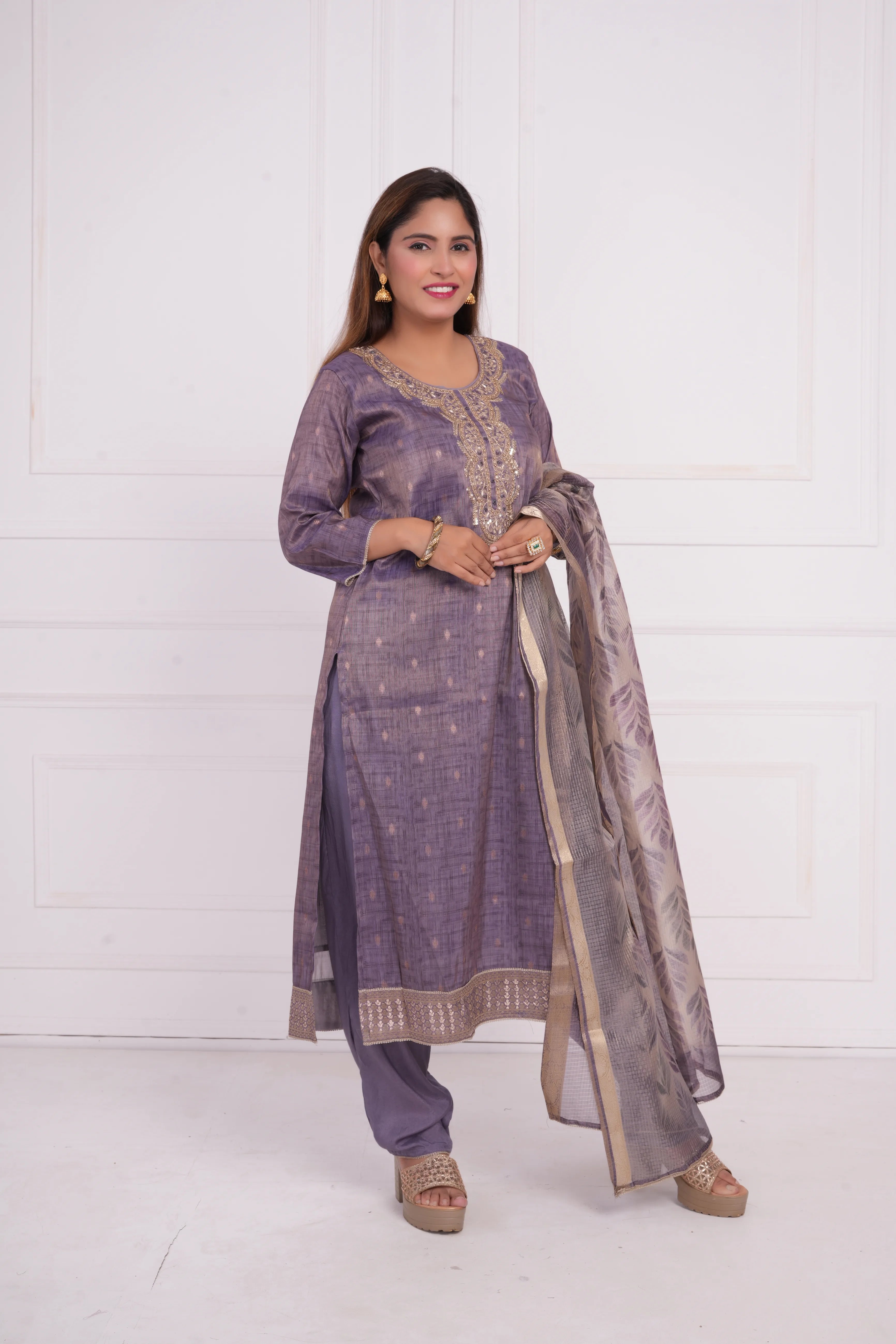 Ethnic motif zari sequinned embroidered silk kurta pant and dupatta