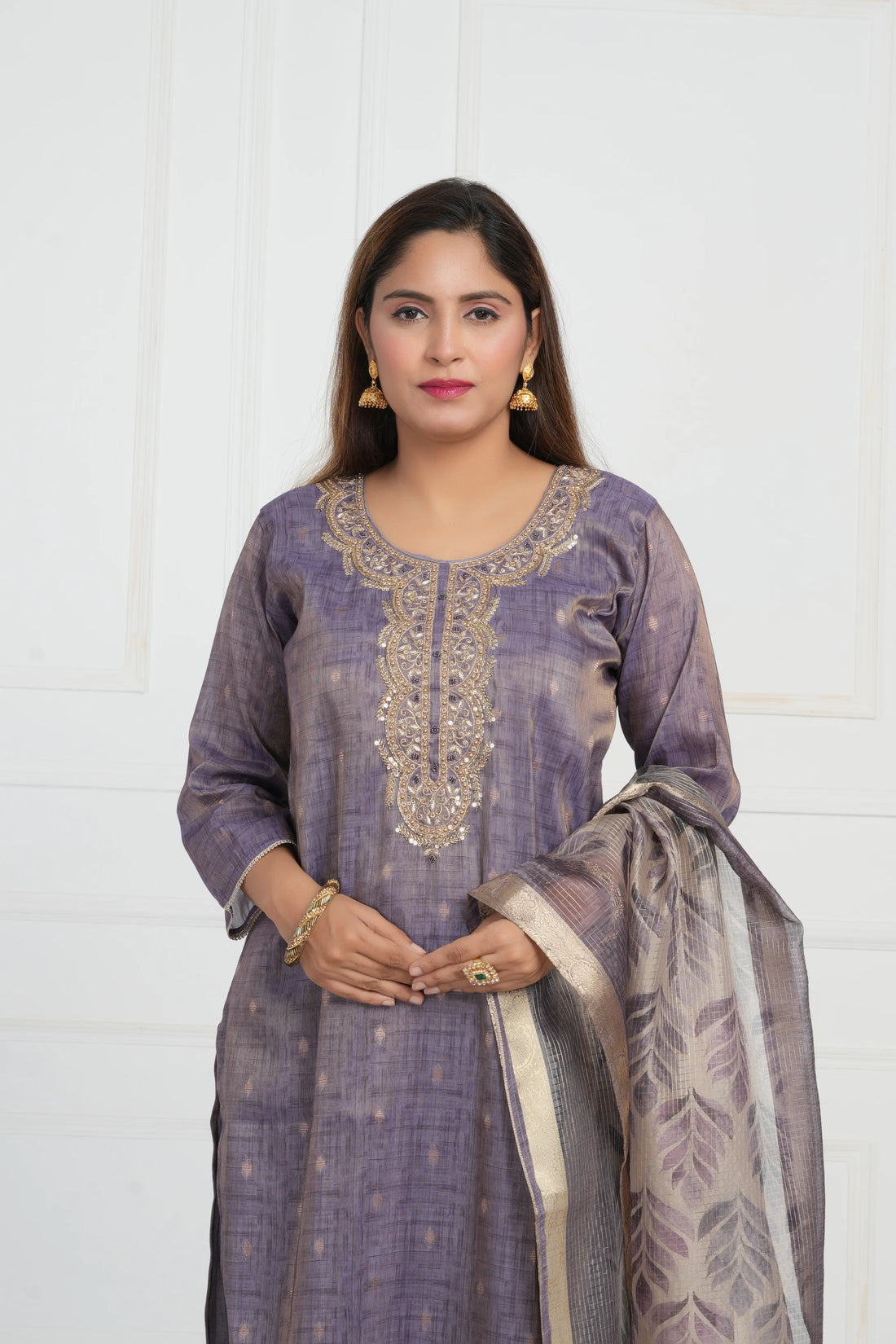 Ethnic motif zari sequinned embroidered silk kurta pant and dupatta