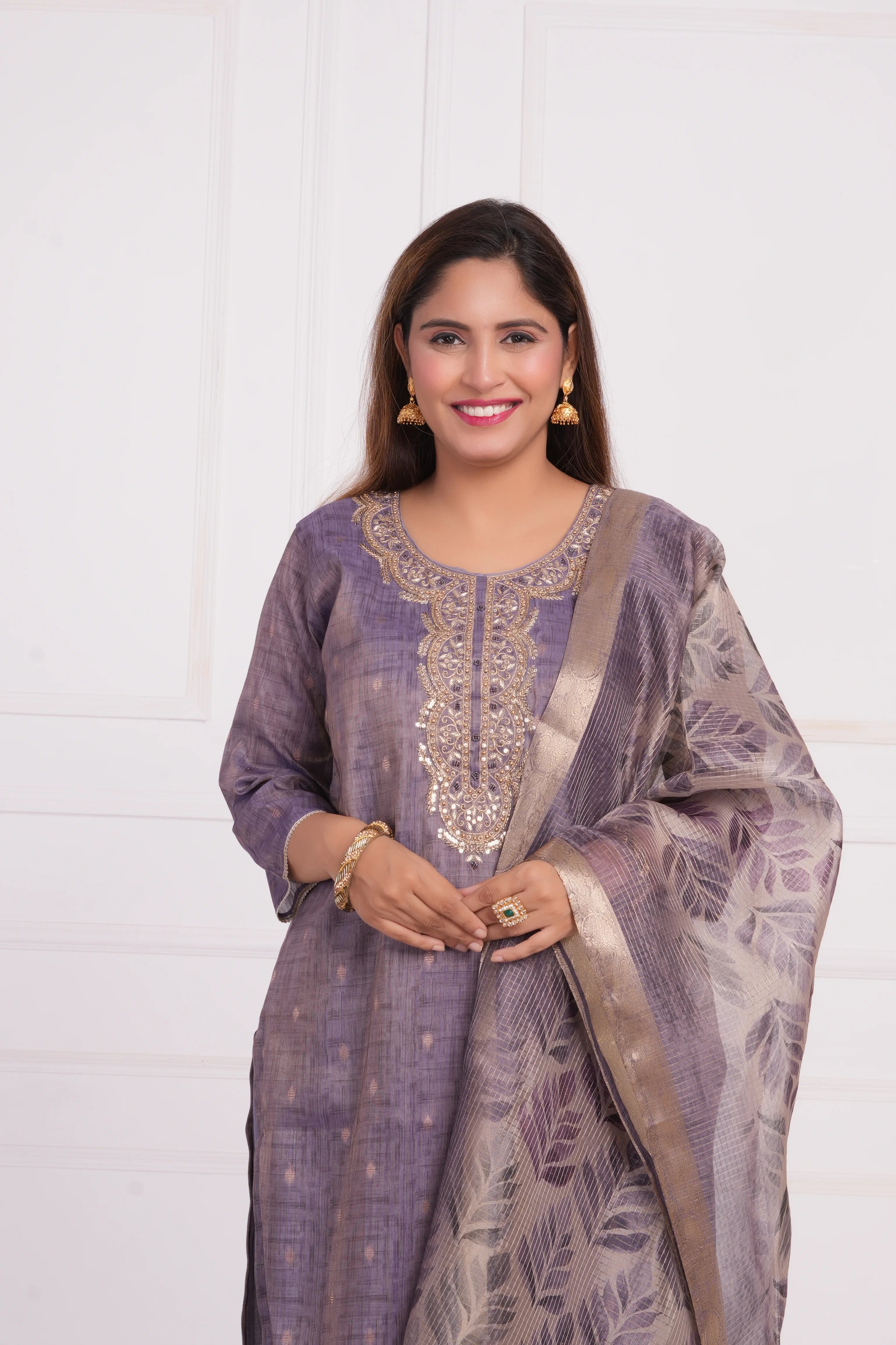 Ethnic motif zari sequinned embroidered silk kurta pant and dupatta