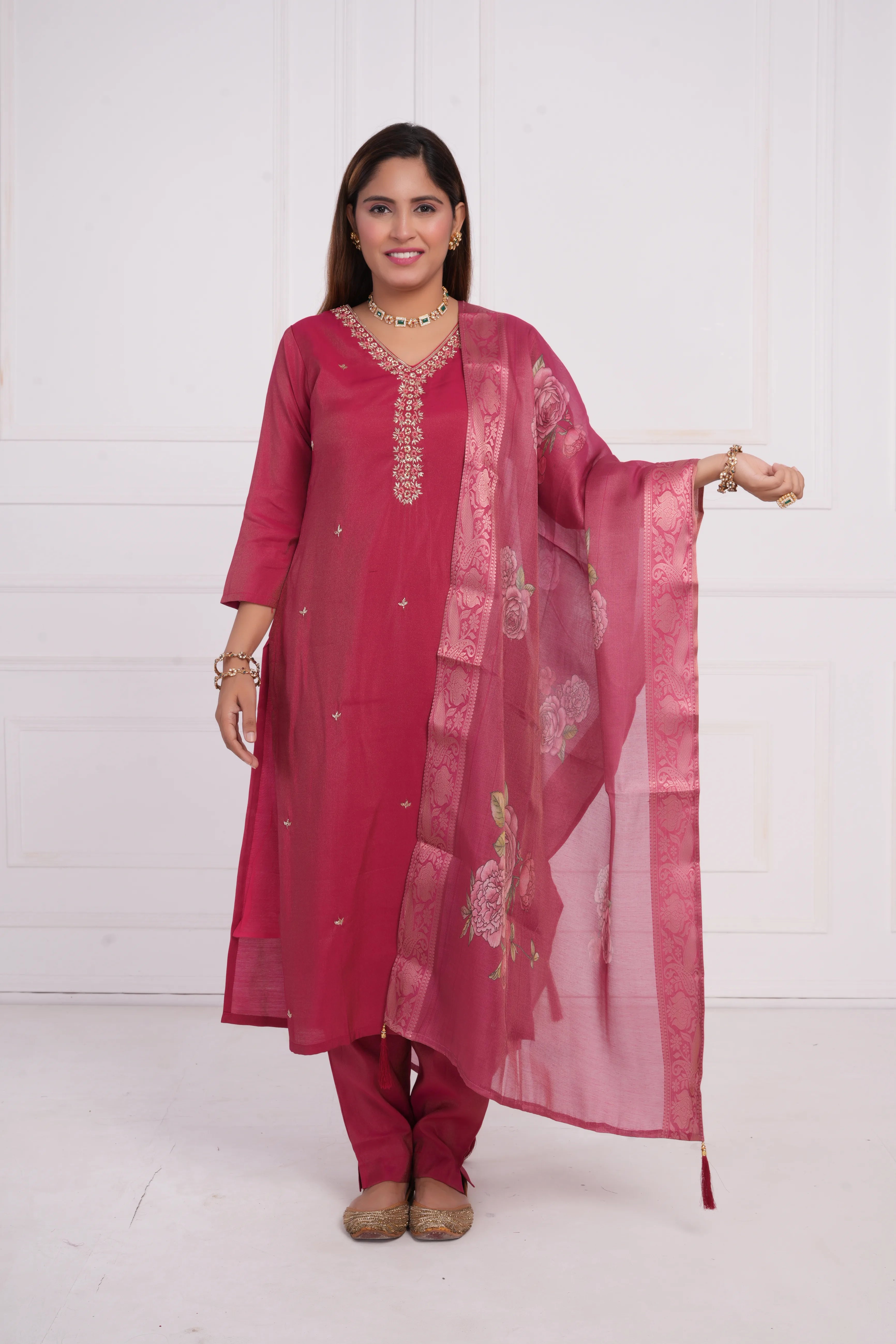 Ethnic motif zari sequinned embroidered silk kurta pant and dupatta