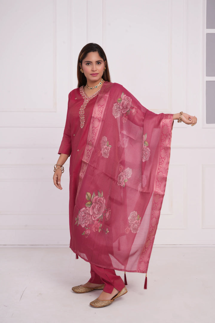 Ethnic motif zari sequinned embroidered silk kurta pant and dupatta
