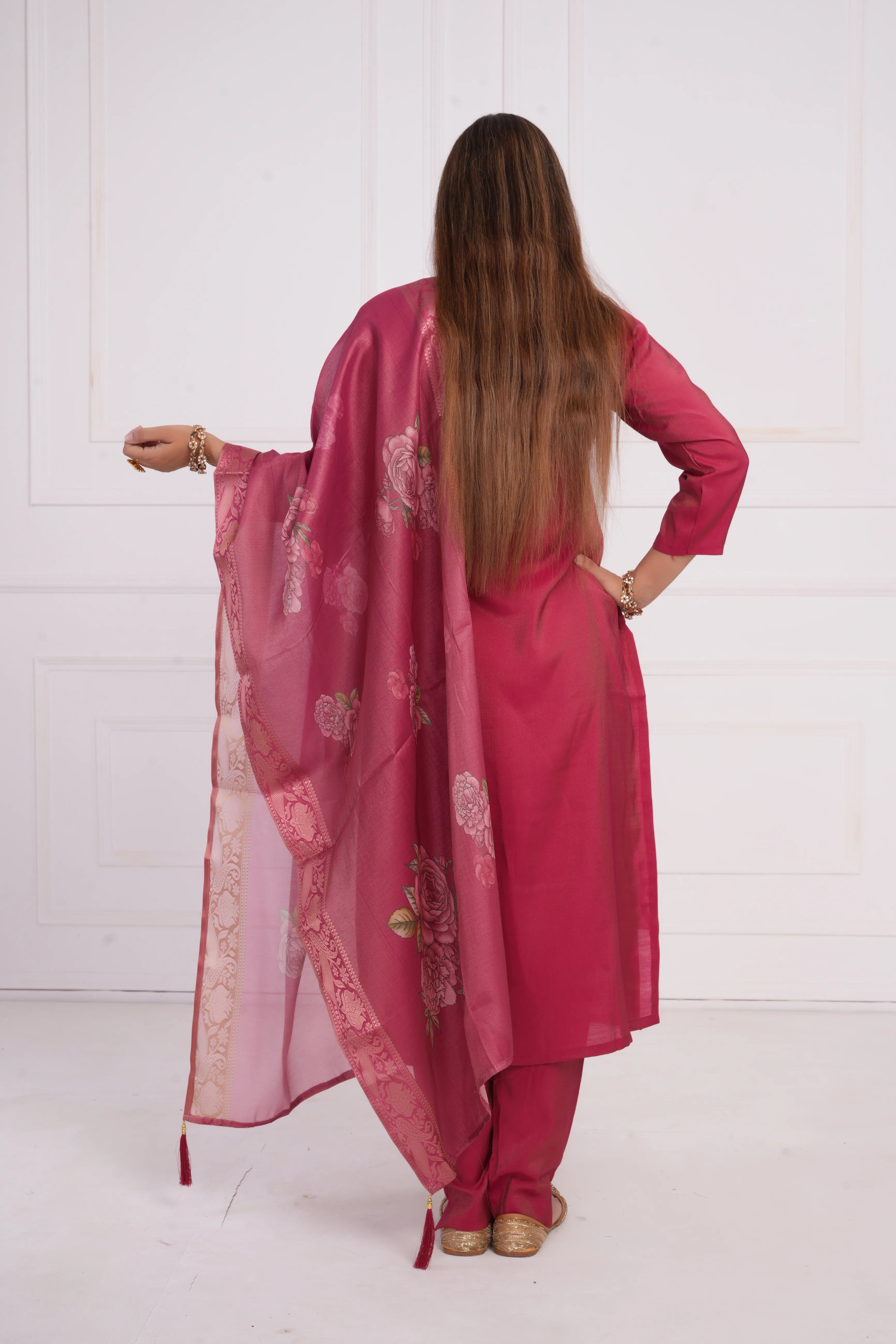 Ethnic motif zari sequinned embroidered silk kurta pant and dupatta