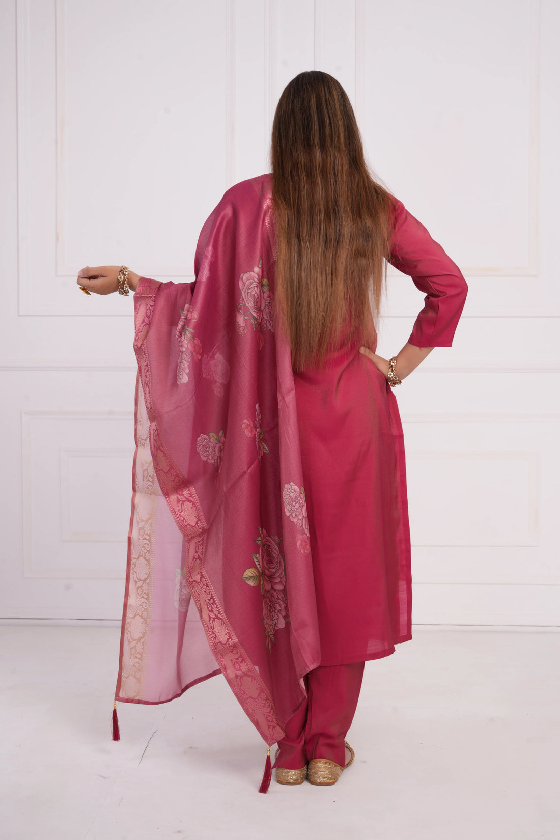 Ethnic motif zari sequinned embroidered silk kurta pant and dupatta