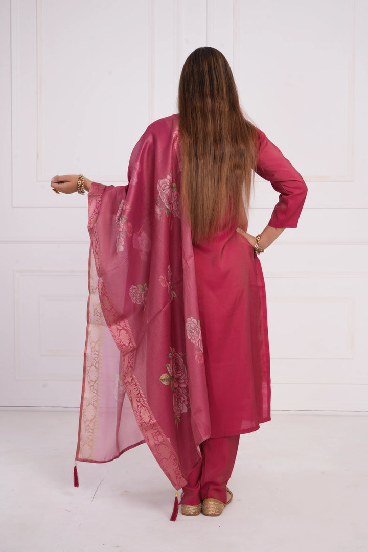 Ethnic motif zari sequinned embroidered silk kurta pant and dupatta