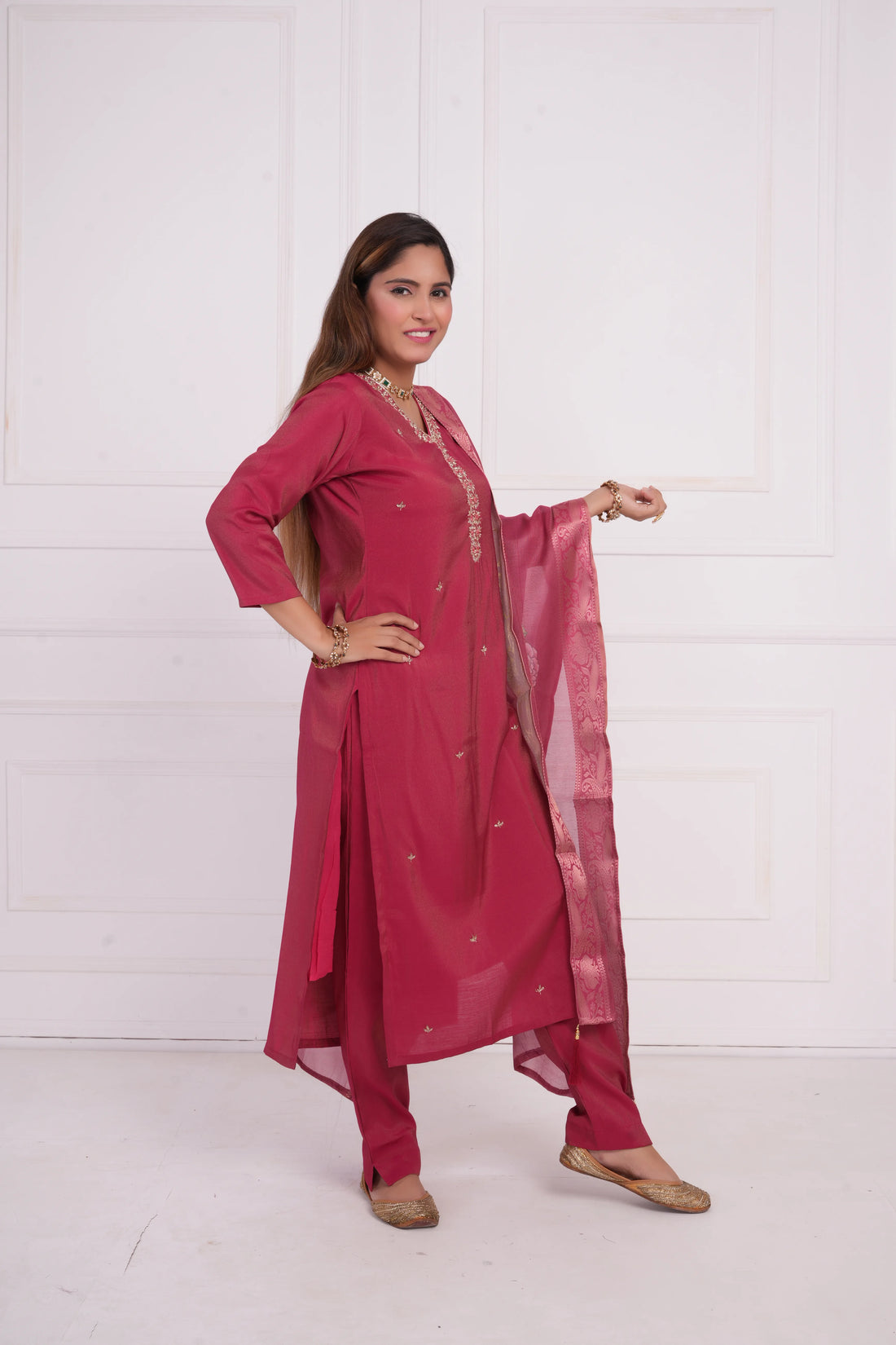 Ethnic motif zari sequinned embroidered silk kurta pant and dupatta