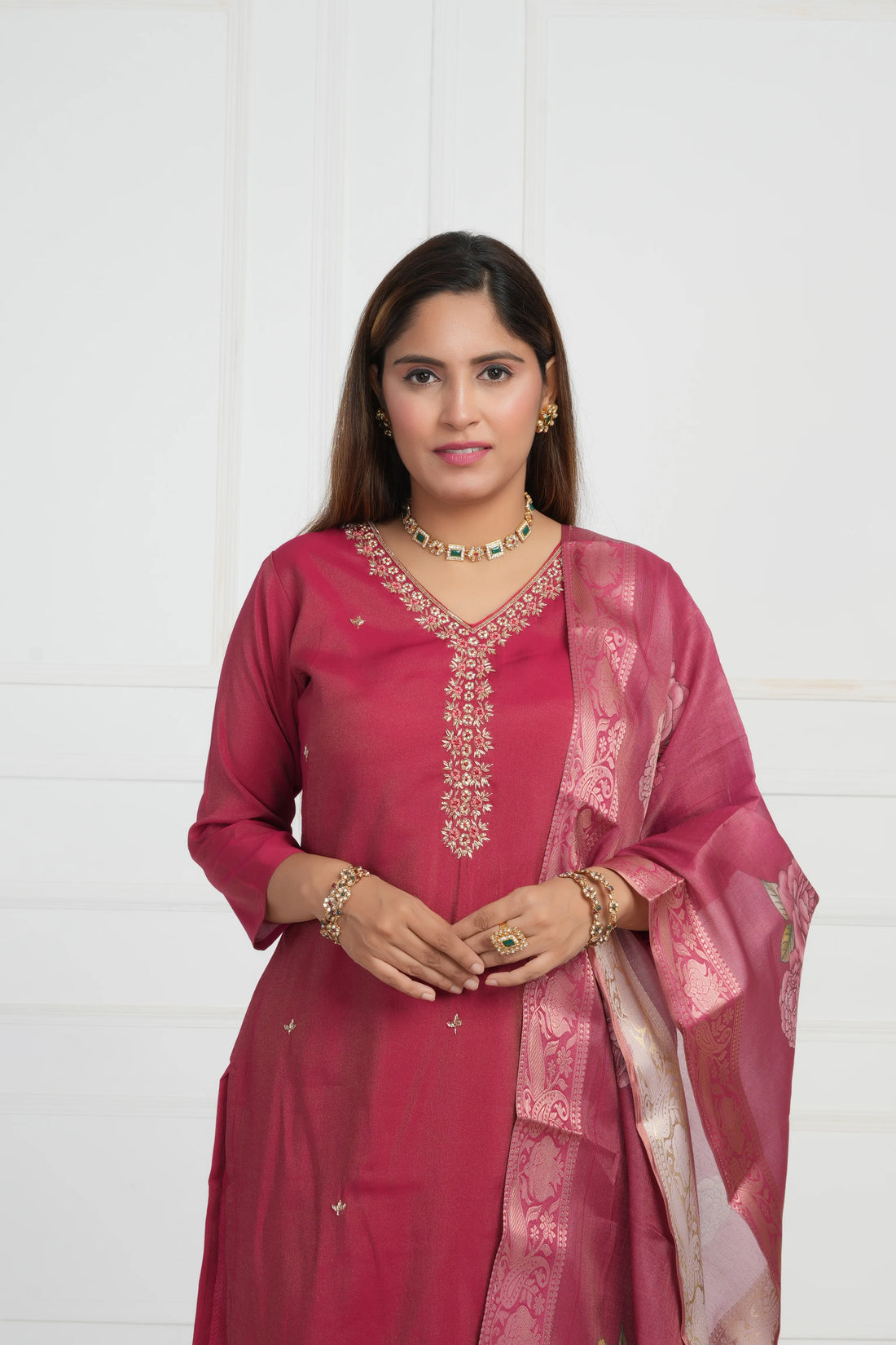 Ethnic motif zari sequinned embroidered silk kurta pant and dupatta