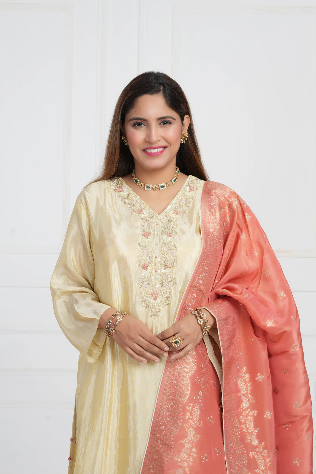 Women Ethnic Motifs and Zari Embroidered Kurta with Trouser & Banarsi Dupatta