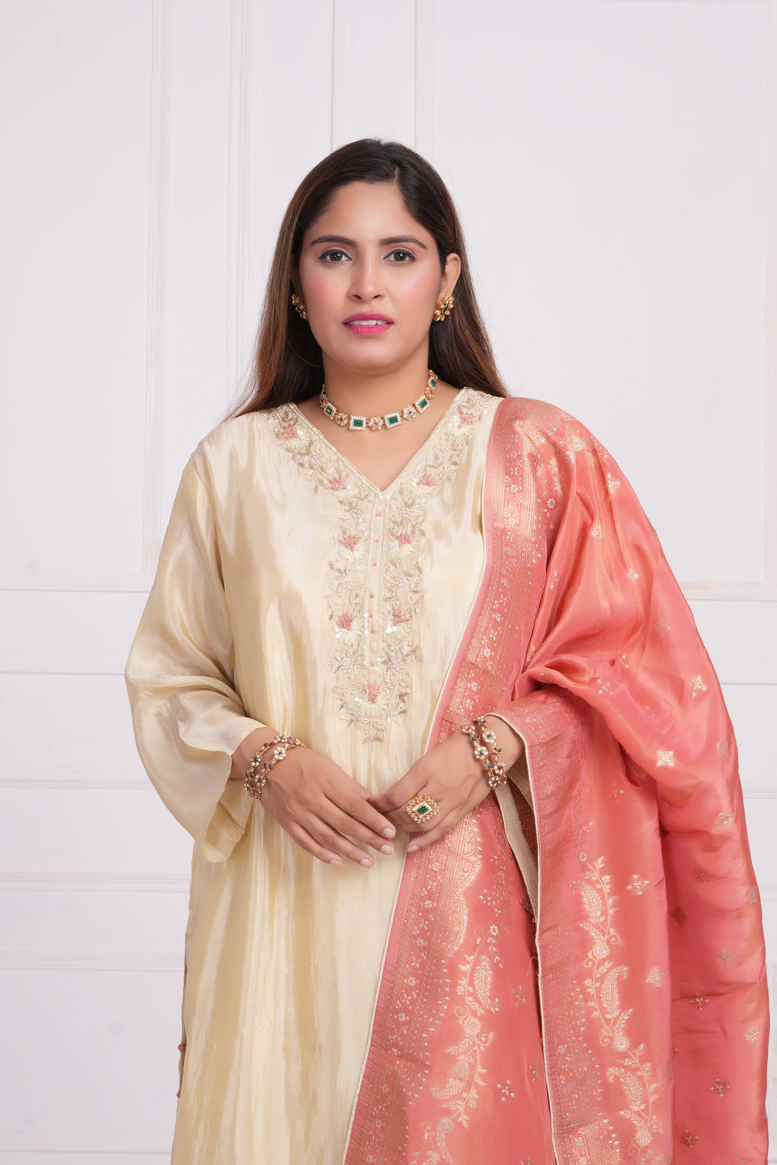 Women Ethnic Motifs and Zari Embroidered Kurta with Trouser & Banarsi Dupatta