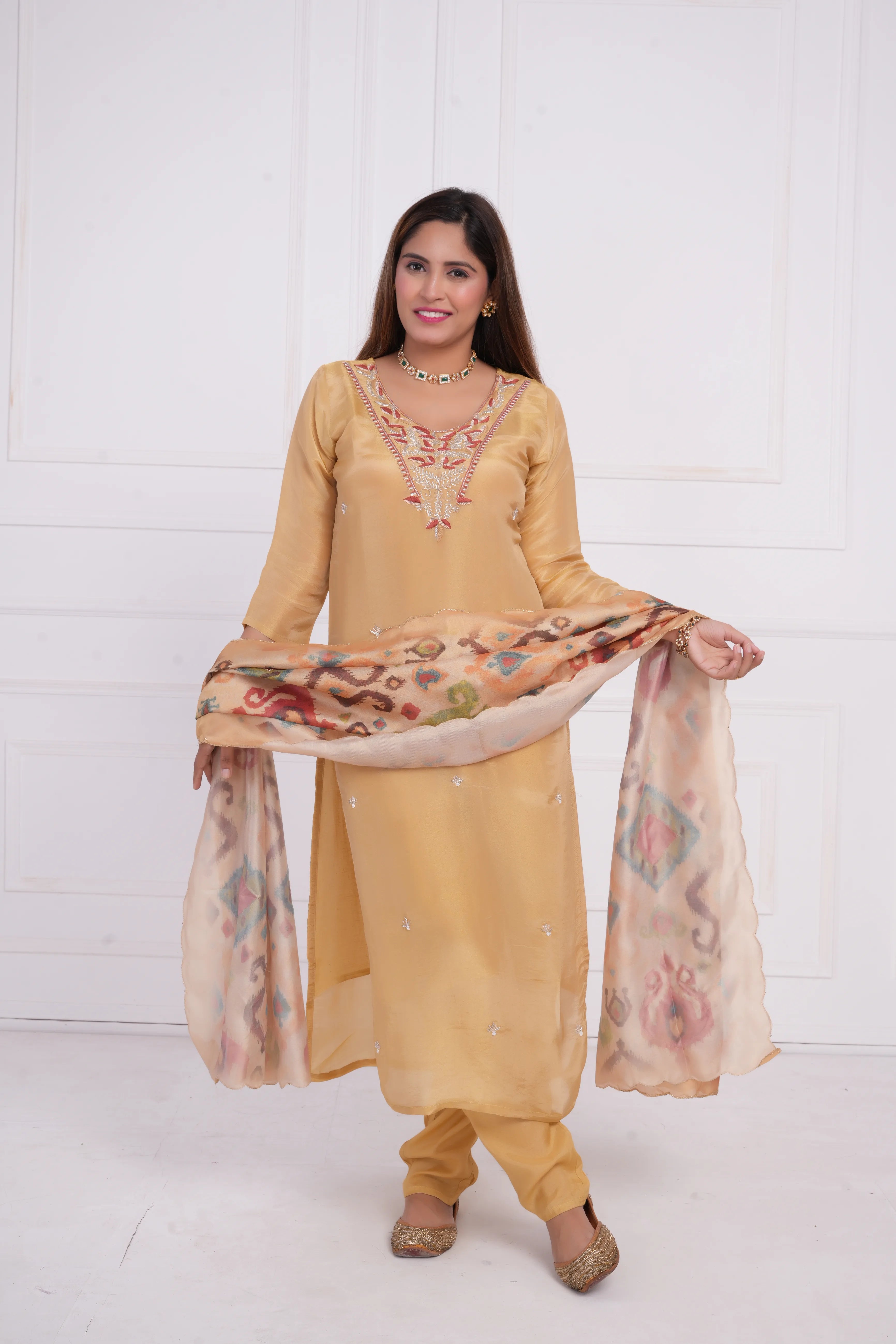 Women ethnic motif and Zari Embroidered Silk Kurta with Trouser & Dupatta
