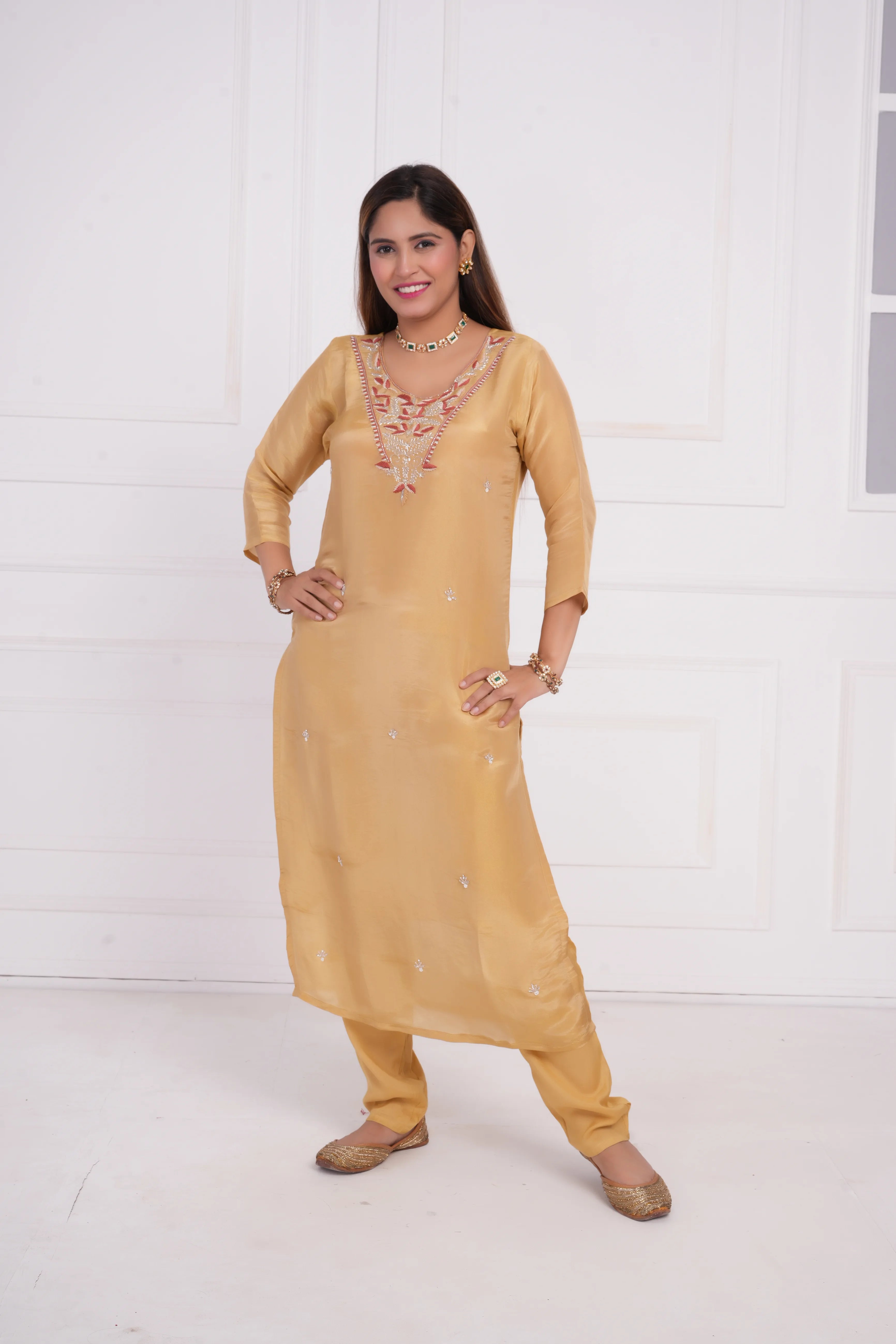 Women ethnic motif and Zari Embroidered Silk Kurta with Trouser & Dupatta