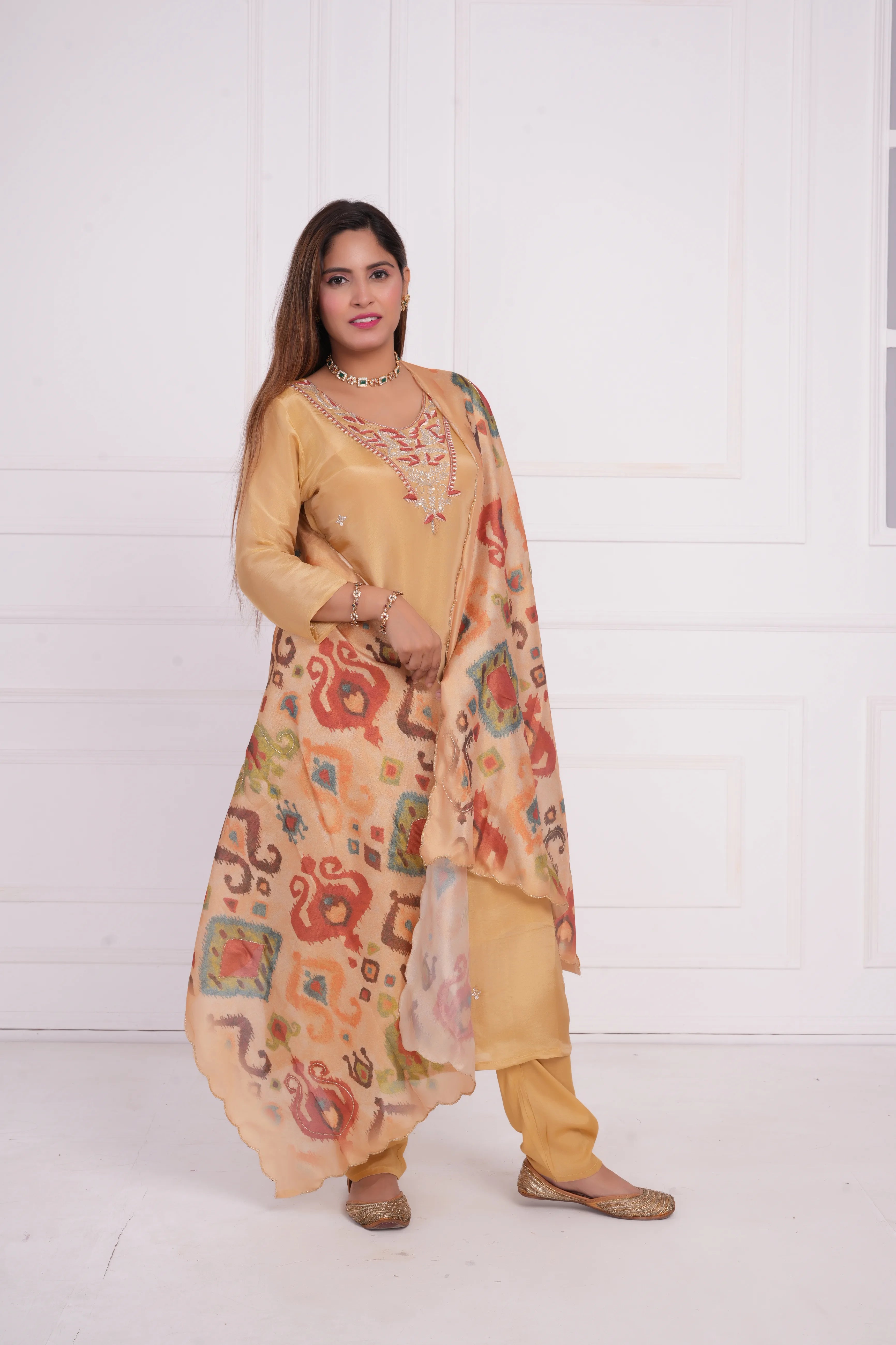 Women ethnic motif and Zari Embroidered Silk Kurta with Trouser & Dupatta