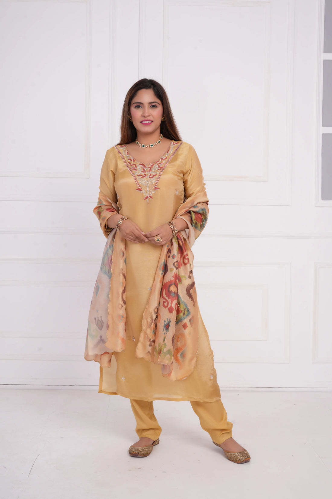 Women ethnic motif and Zari Embroidered Silk Kurta with Trouser & Dupatta