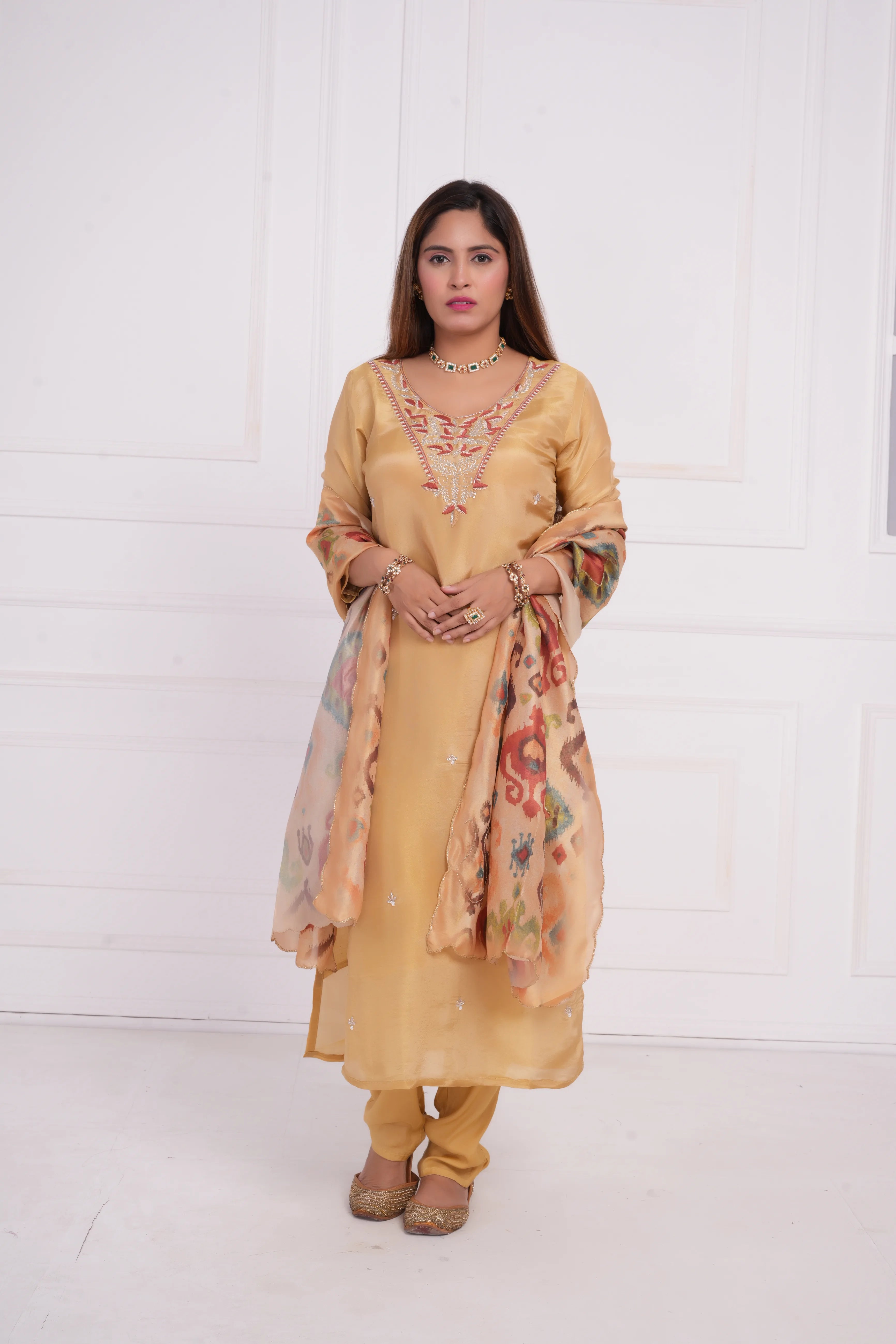 Women ethnic motif and Zari Embroidered Silk Kurta with Trouser & Dupatta