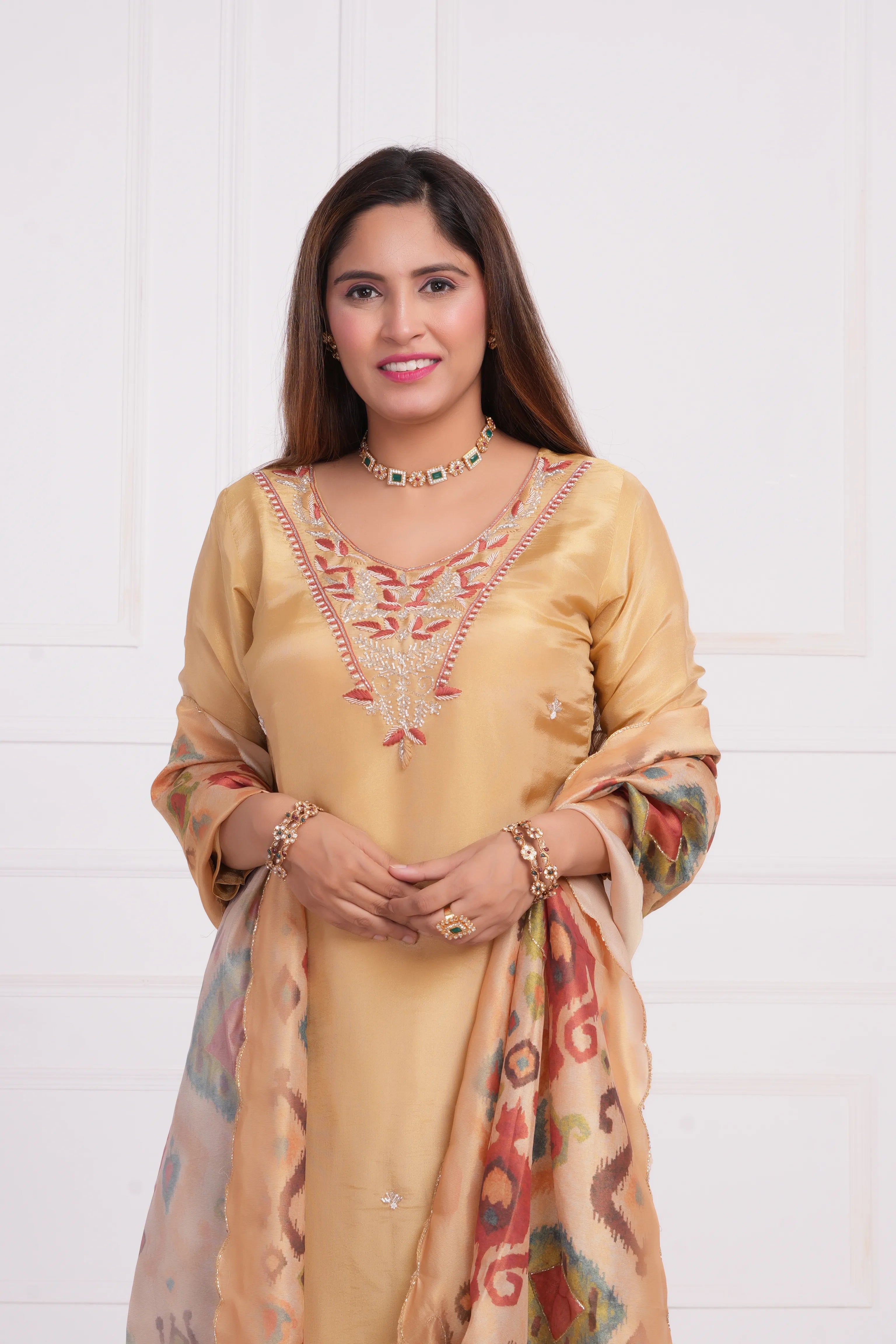 Women ethnic motif and Zari Embroidered Silk Kurta with Trouser & Dupatta