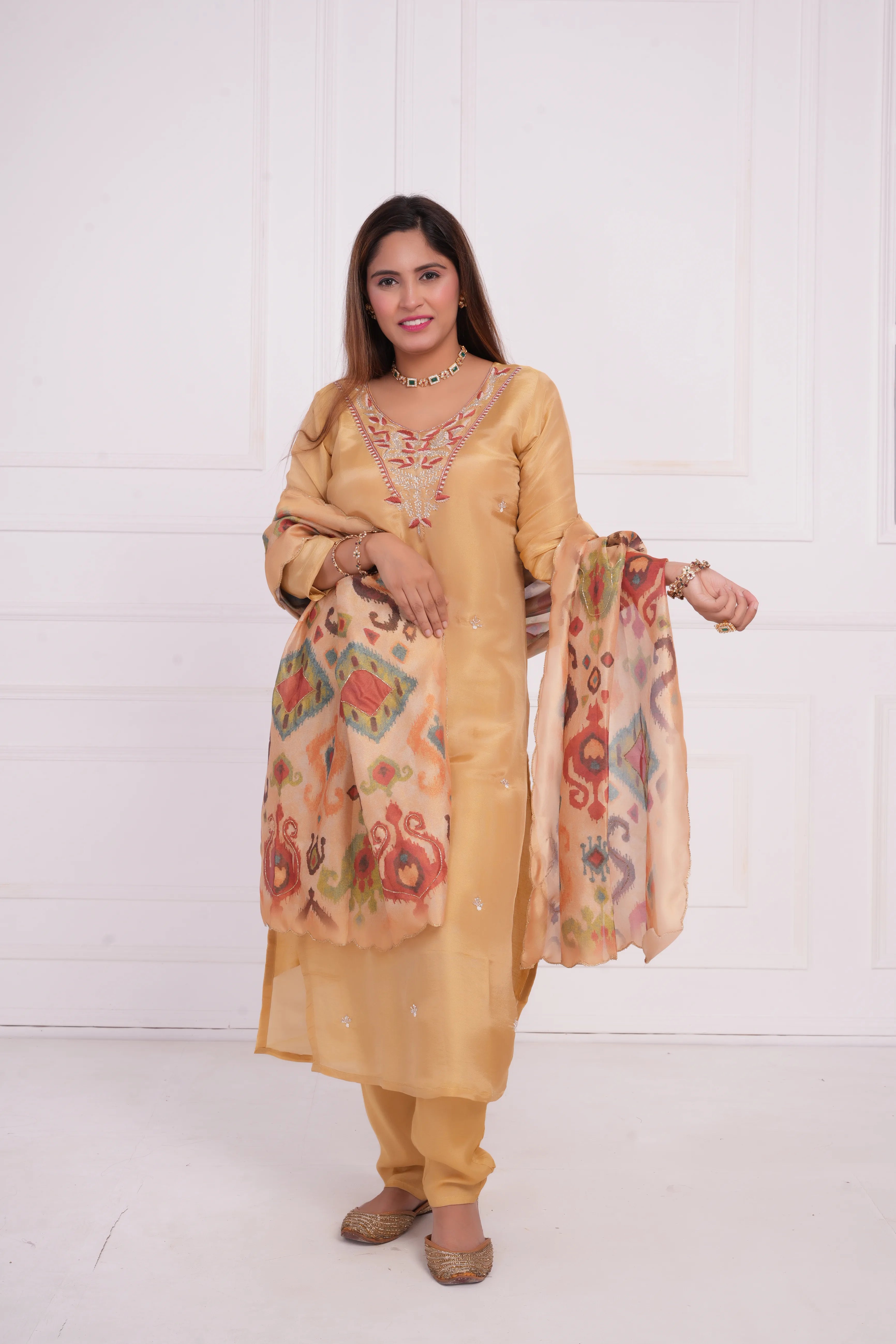 Women ethnic motif and Zari Embroidered Silk Kurta with Trouser & Dupatta