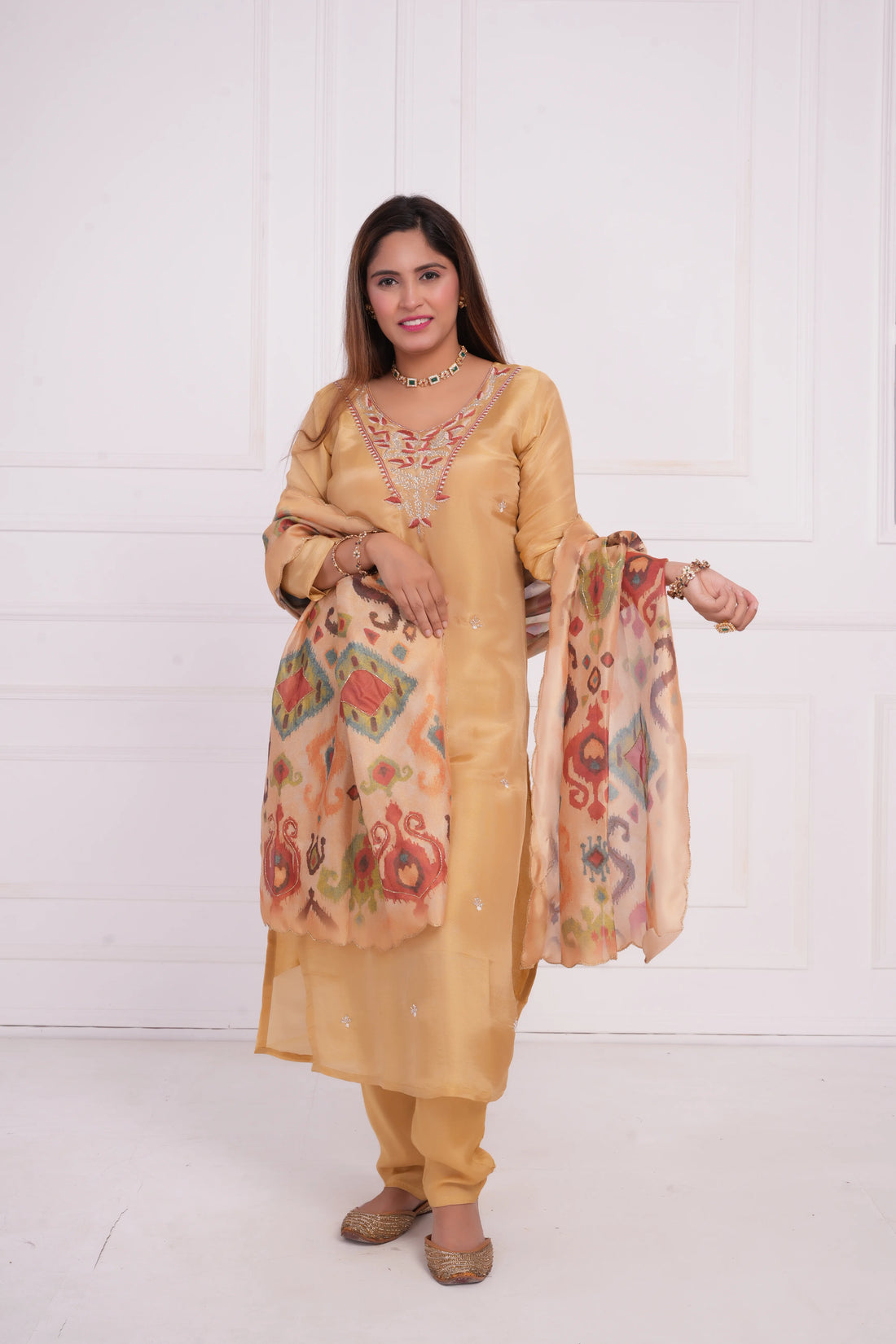 Women ethnic motif and Zari Embroidered Silk Kurta with Trouser & Dupatta