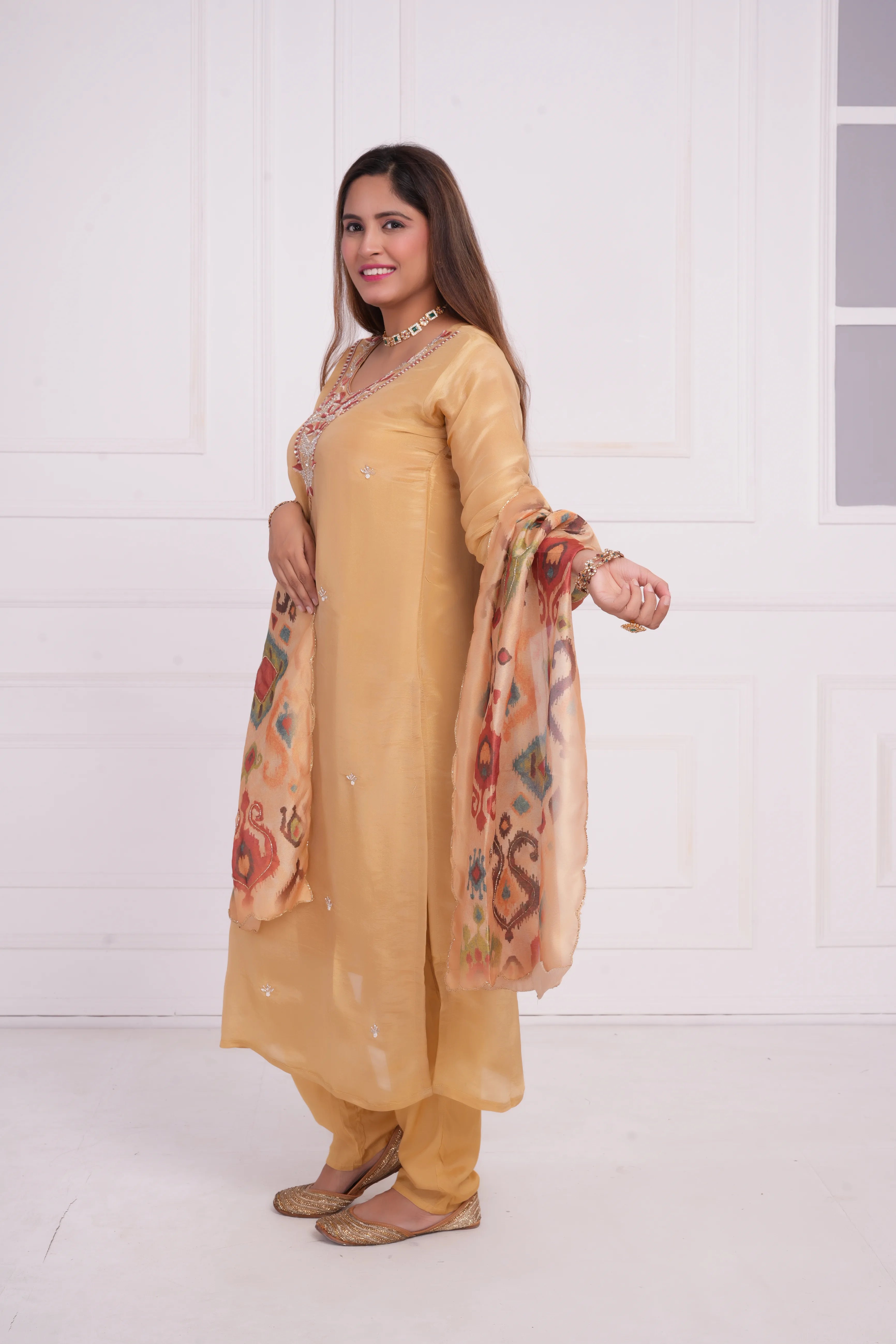 Women ethnic motif and Zari Embroidered Silk Kurta with Trouser & Dupatta