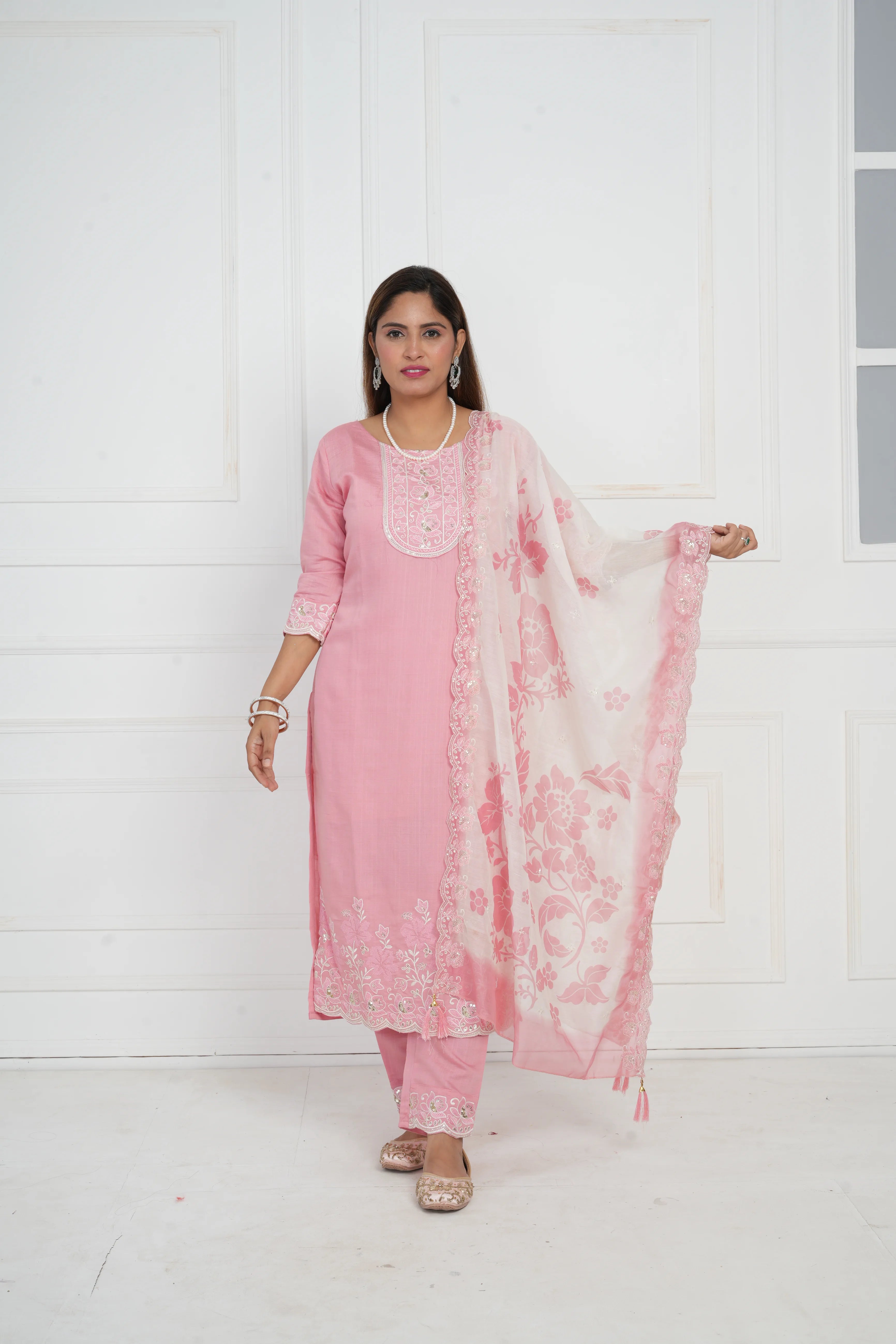 Ethnic motif zari sequinned embroidered silk kurta pant and dupatta