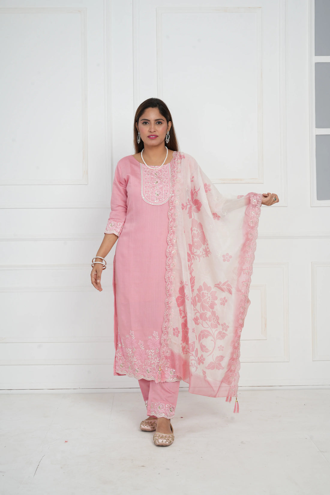 Ethnic motif zari sequinned embroidered silk kurta pant and dupatta