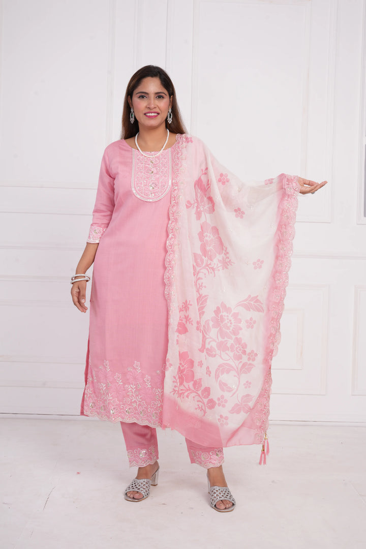 Ethnic motif zari sequinned embroidered silk kurta pant and dupatta