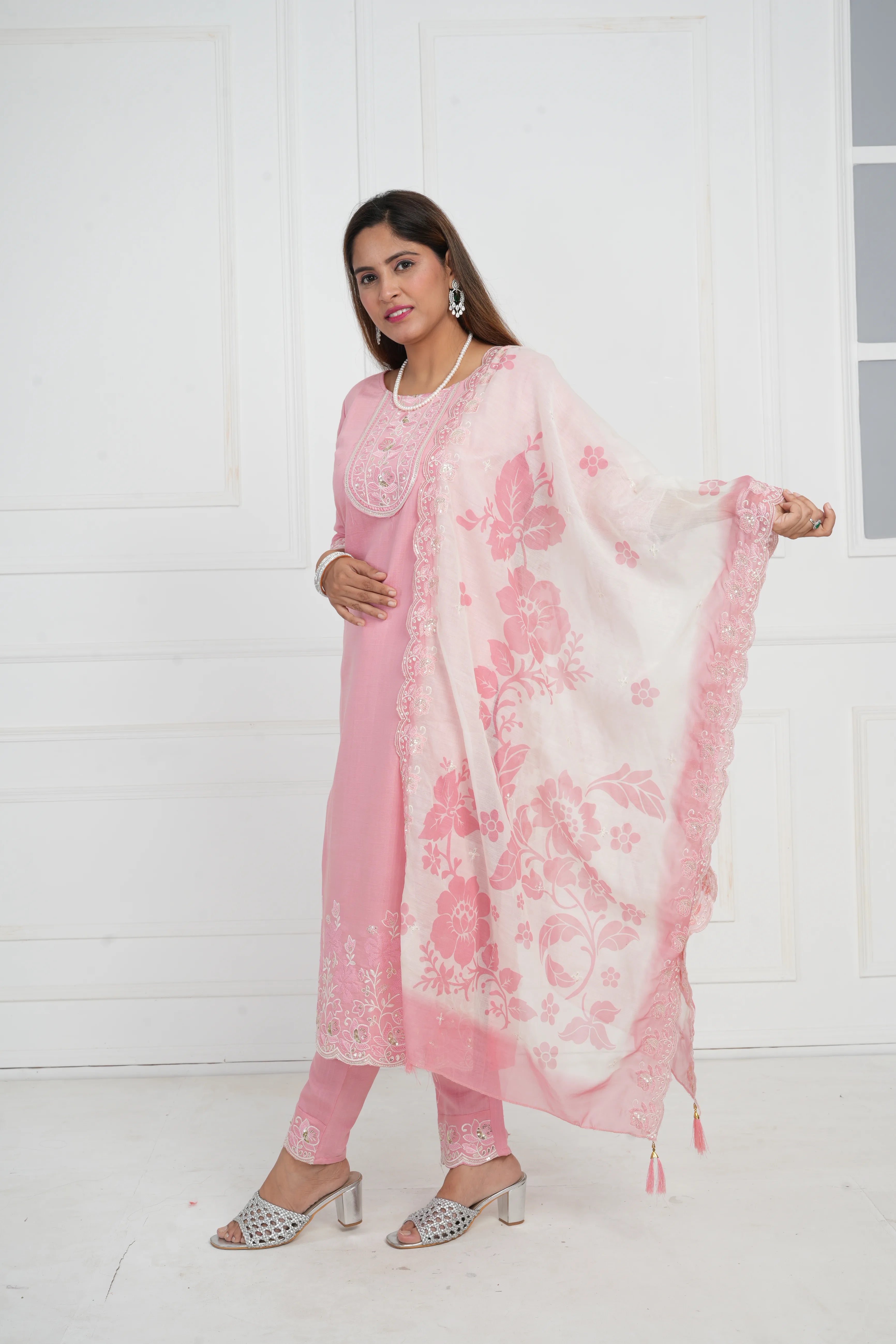Ethnic motif zari sequinned embroidered silk kurta pant and dupatta