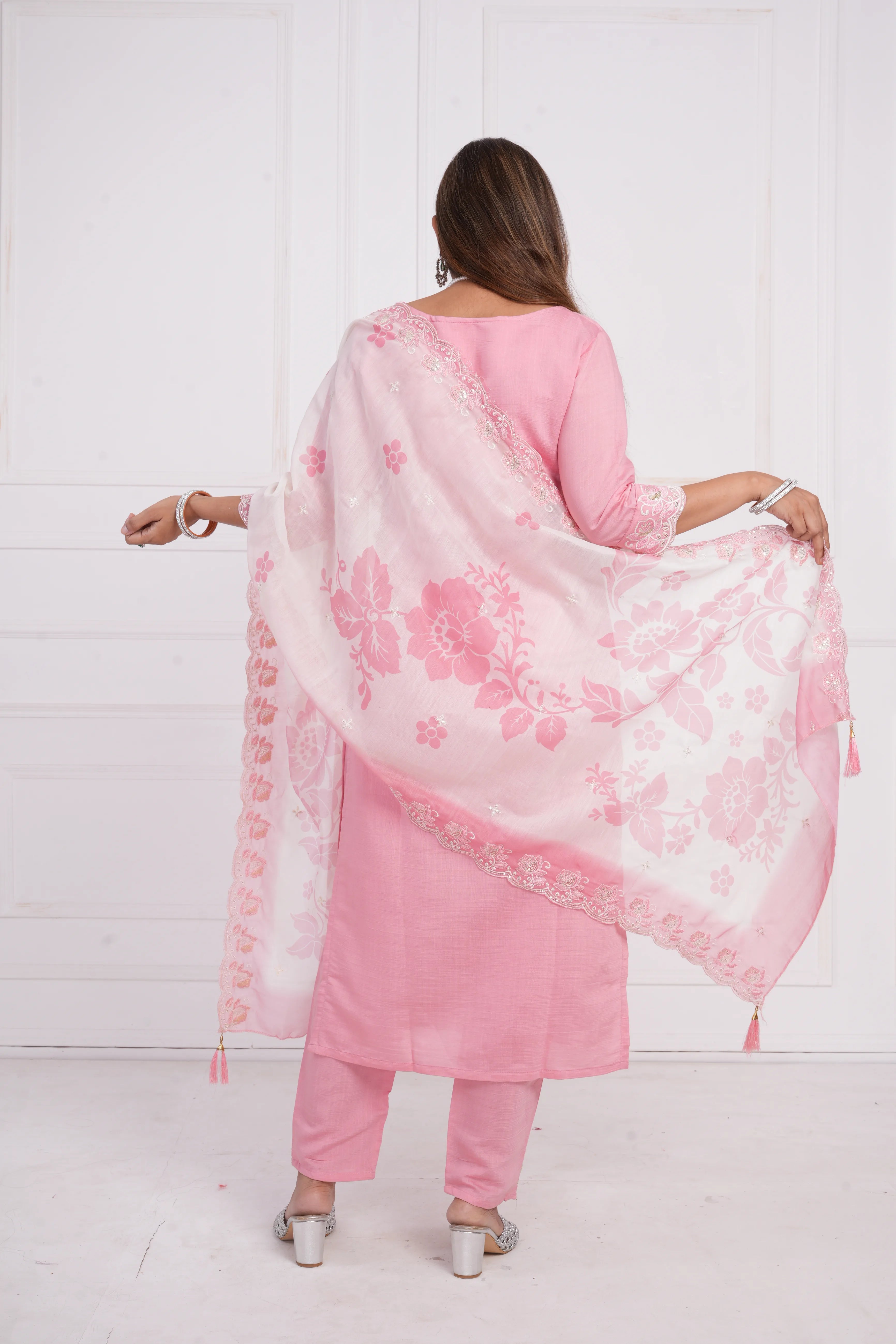 Ethnic motif zari sequinned embroidered silk kurta pant and dupatta