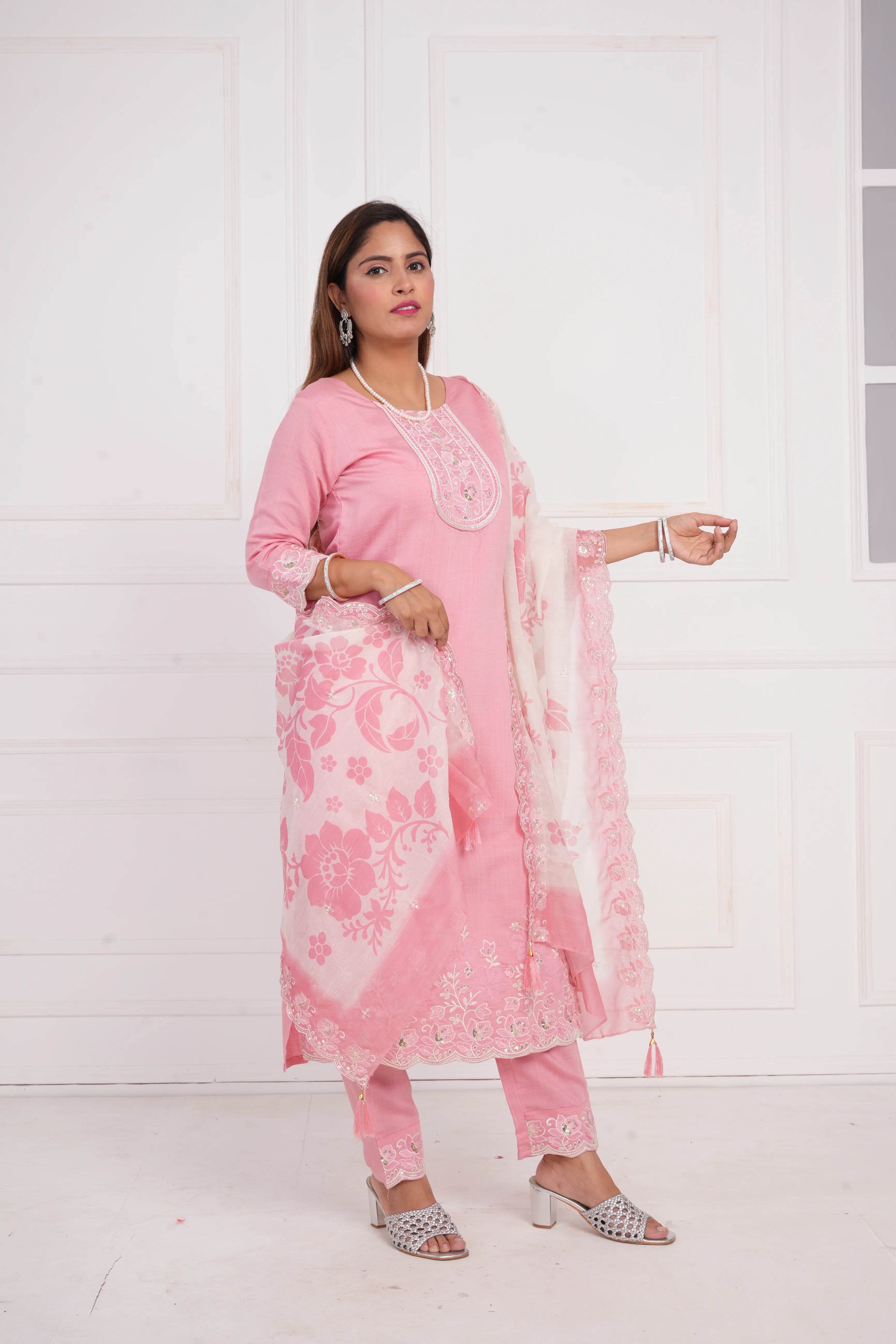 Ethnic motif zari sequinned embroidered silk kurta pant and dupatta