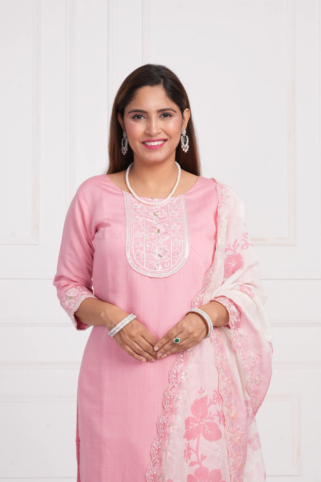 Ethnic motif zari sequinned embroidered silk kurta pant and dupatta