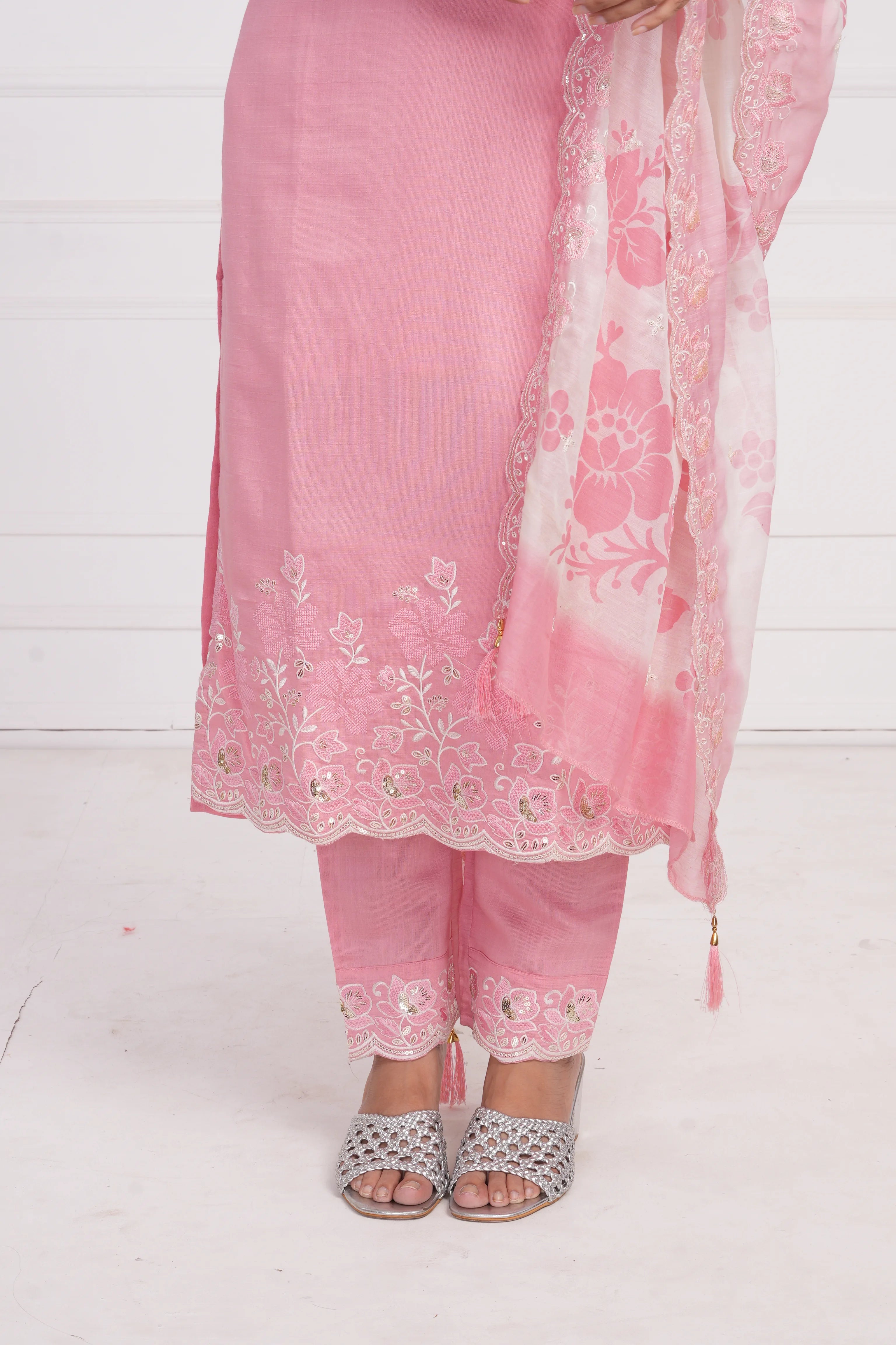 Ethnic motif zari sequinned embroidered silk kurta pant and dupatta