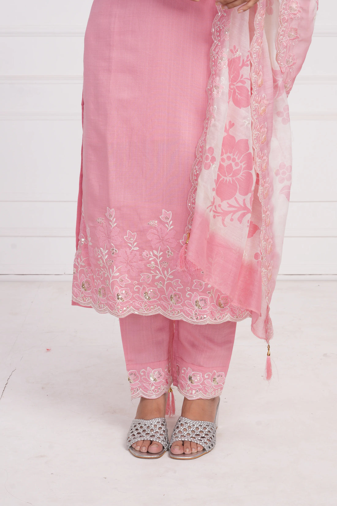 Ethnic motif zari sequinned embroidered silk kurta pant and dupatta