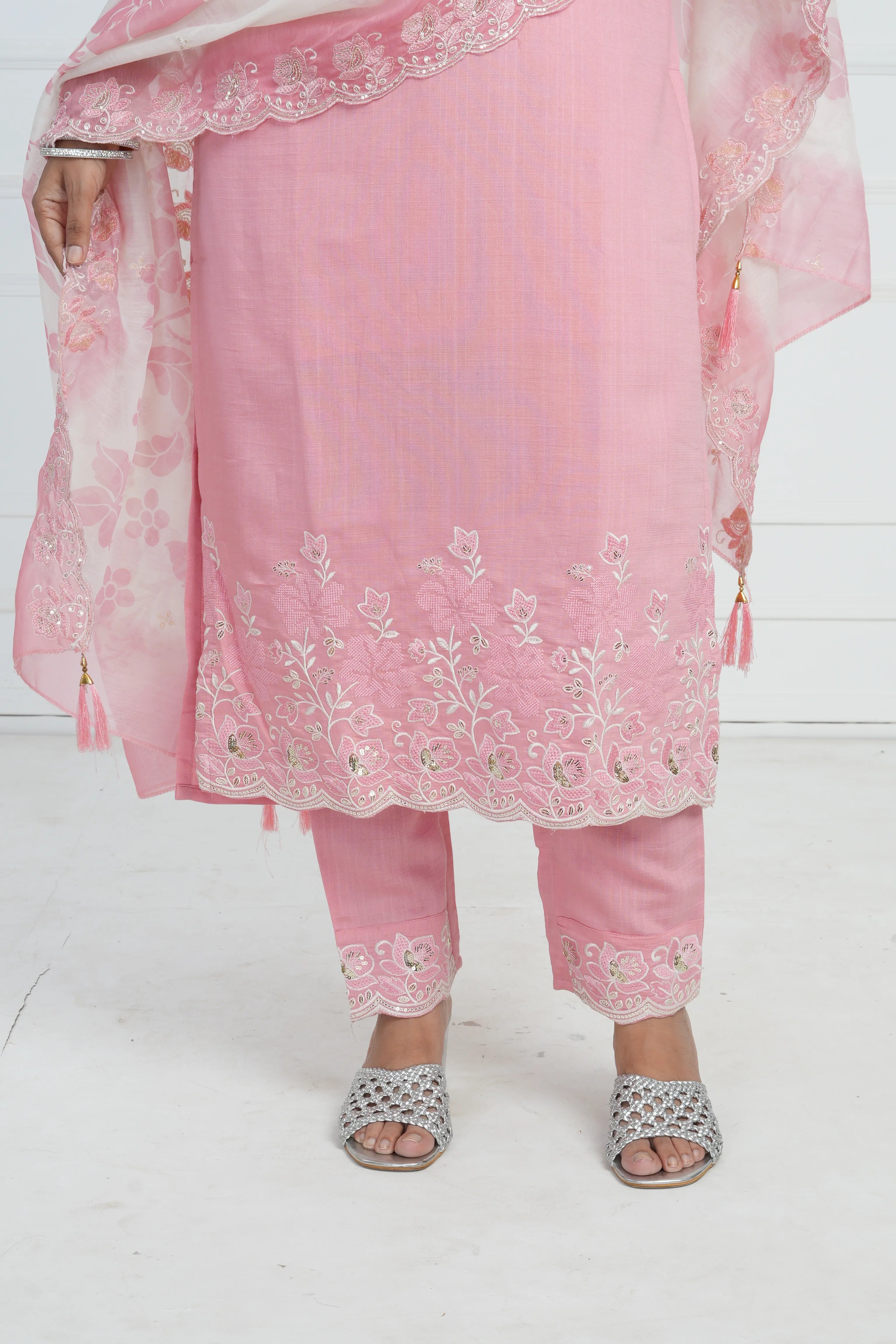 Ethnic motif zari sequinned embroidered silk kurta pant and dupatta