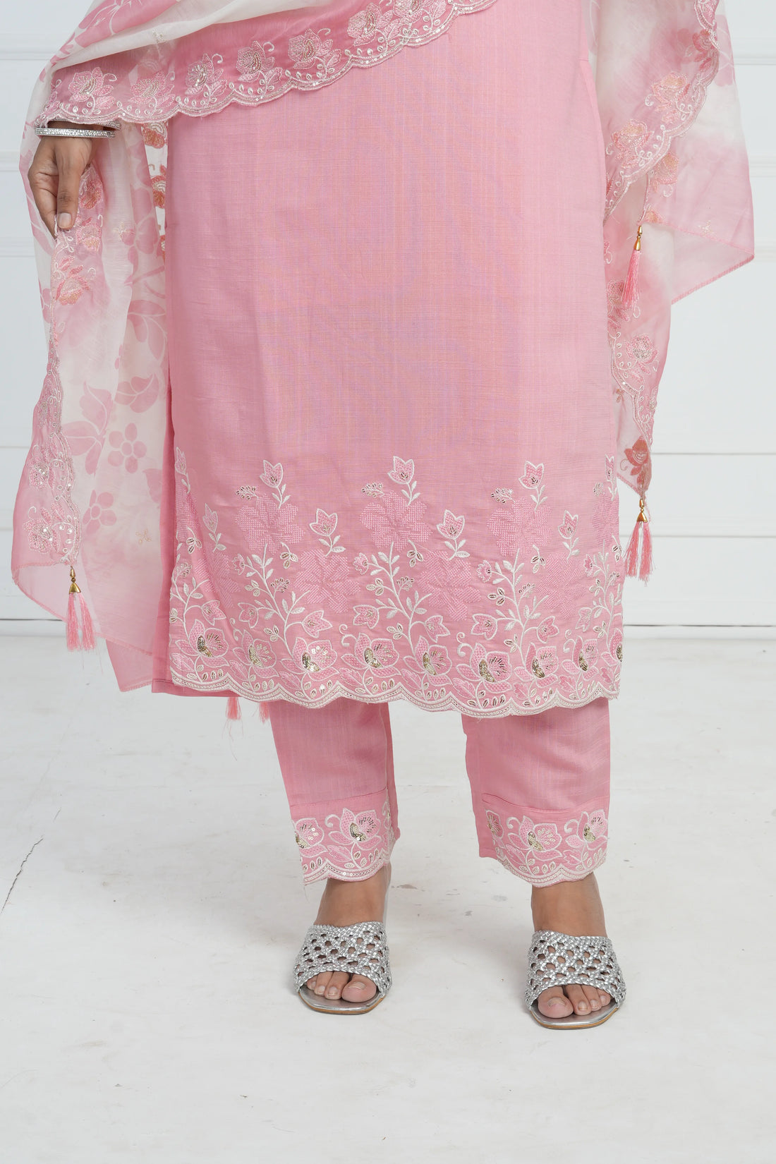 Ethnic motif zari sequinned embroidered silk kurta pant and dupatta